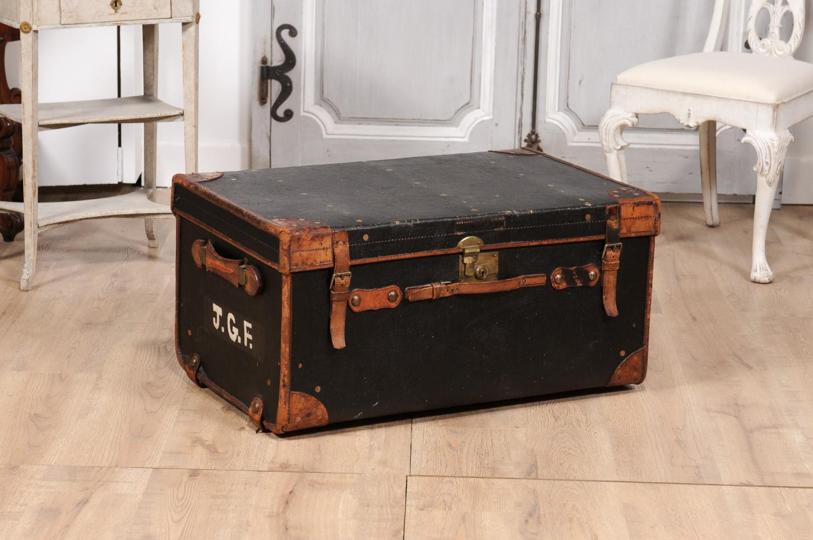 English Victorian Period 19th Century Black Traveling Trunk With Initials J.G.F. In Good Condition For Sale In Atlanta, GA