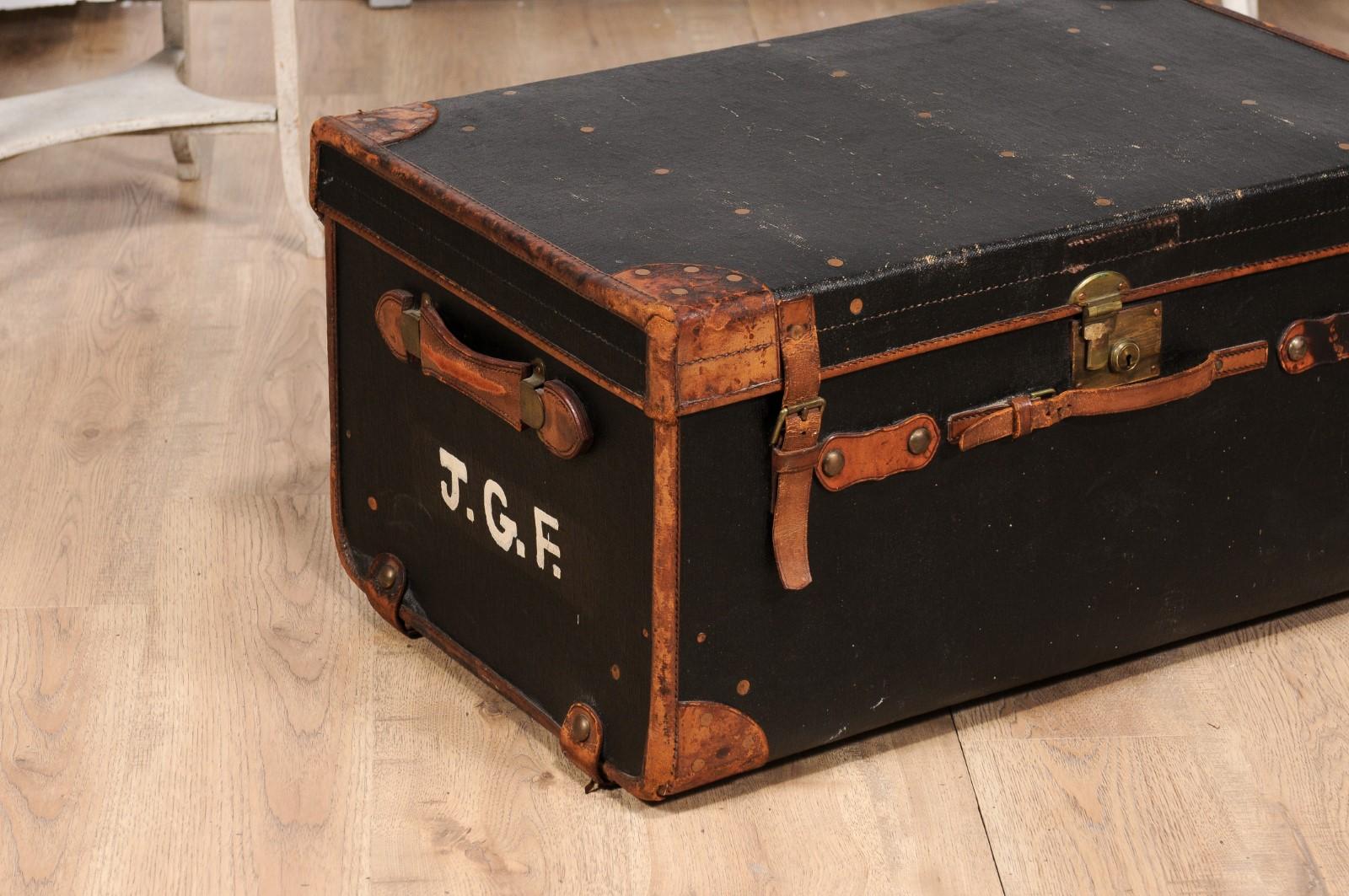 Leather English Victorian Period 19th Century Black Traveling Trunk With Initials J.G.F. For Sale
