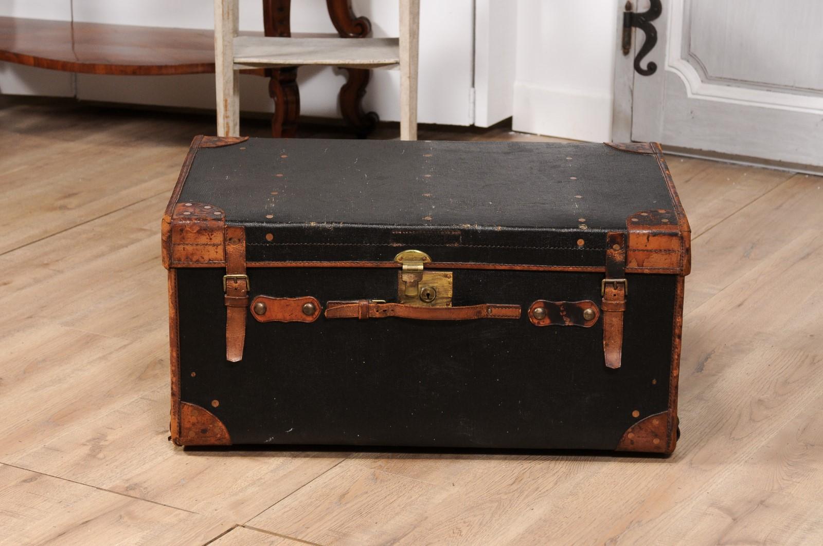 English Victorian Period 19th Century Black Traveling Trunk With Initials J.G.F. For Sale 1
