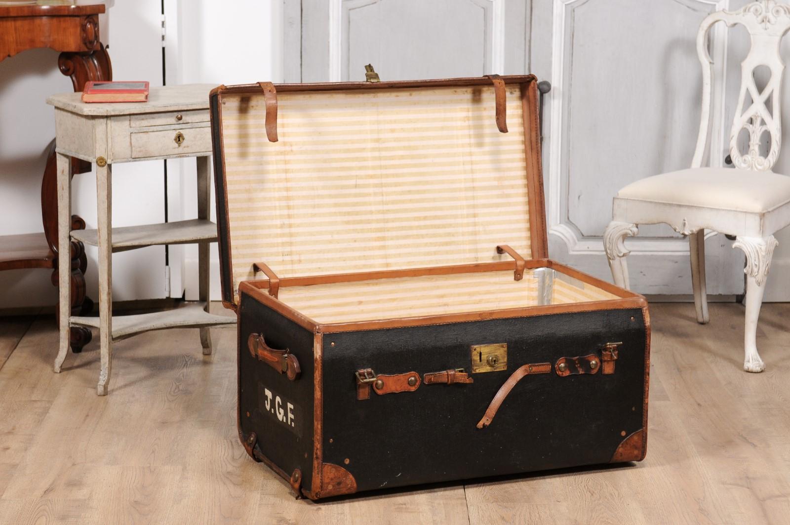 English Victorian Period 19th Century Black Traveling Trunk With Initials J.G.F. For Sale 2
