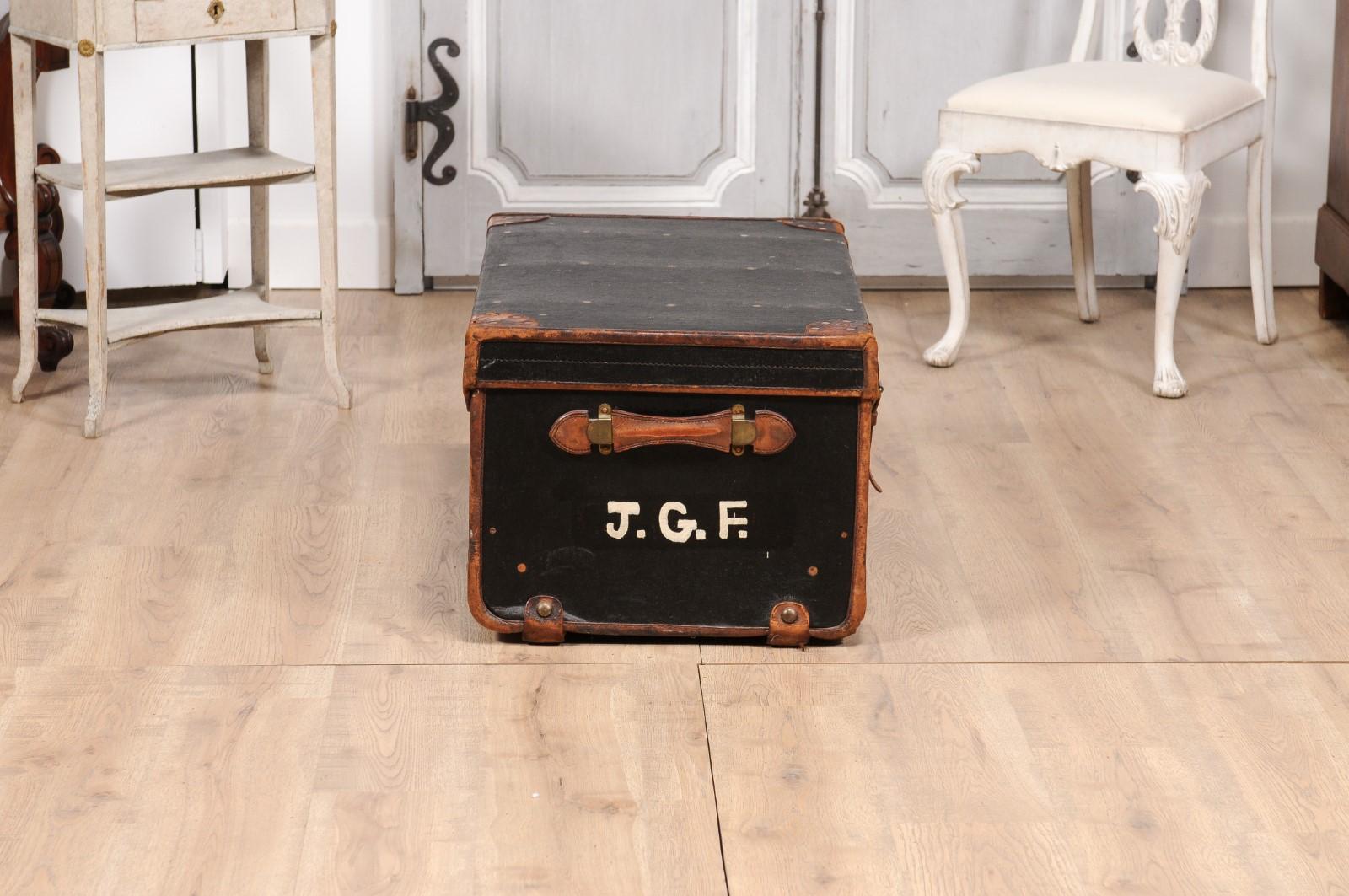 English Victorian Period 19th Century Black Traveling Trunk With Initials J.G.F. For Sale 4