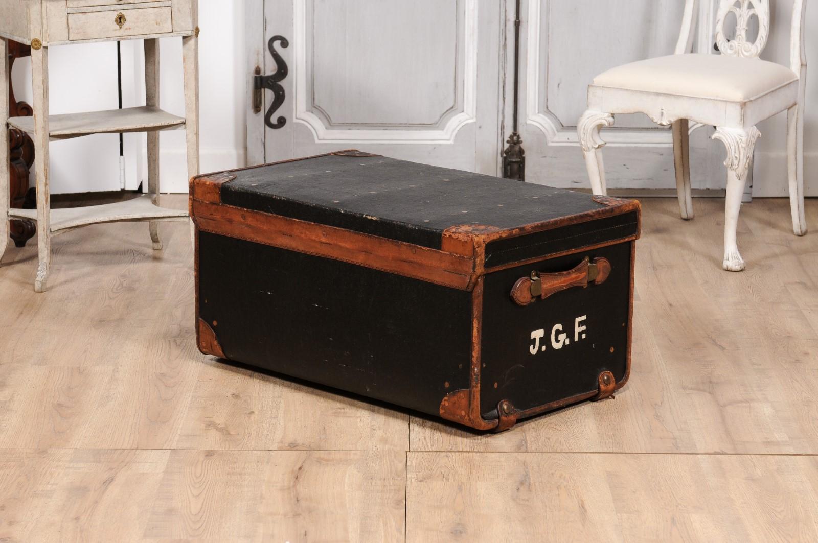 English Victorian Period 19th Century Black Traveling Trunk With Initials J.G.F. For Sale 5