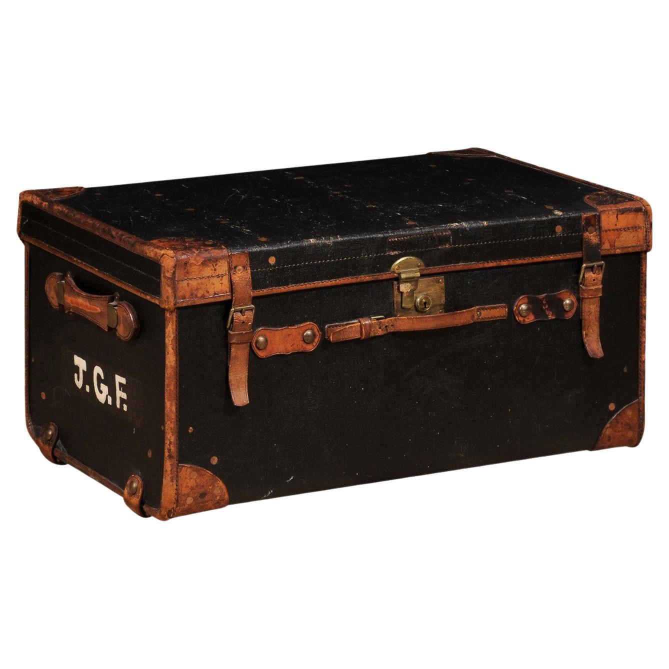 English Victorian Period 19th Century Black Traveling Trunk With Initials J.G.F.