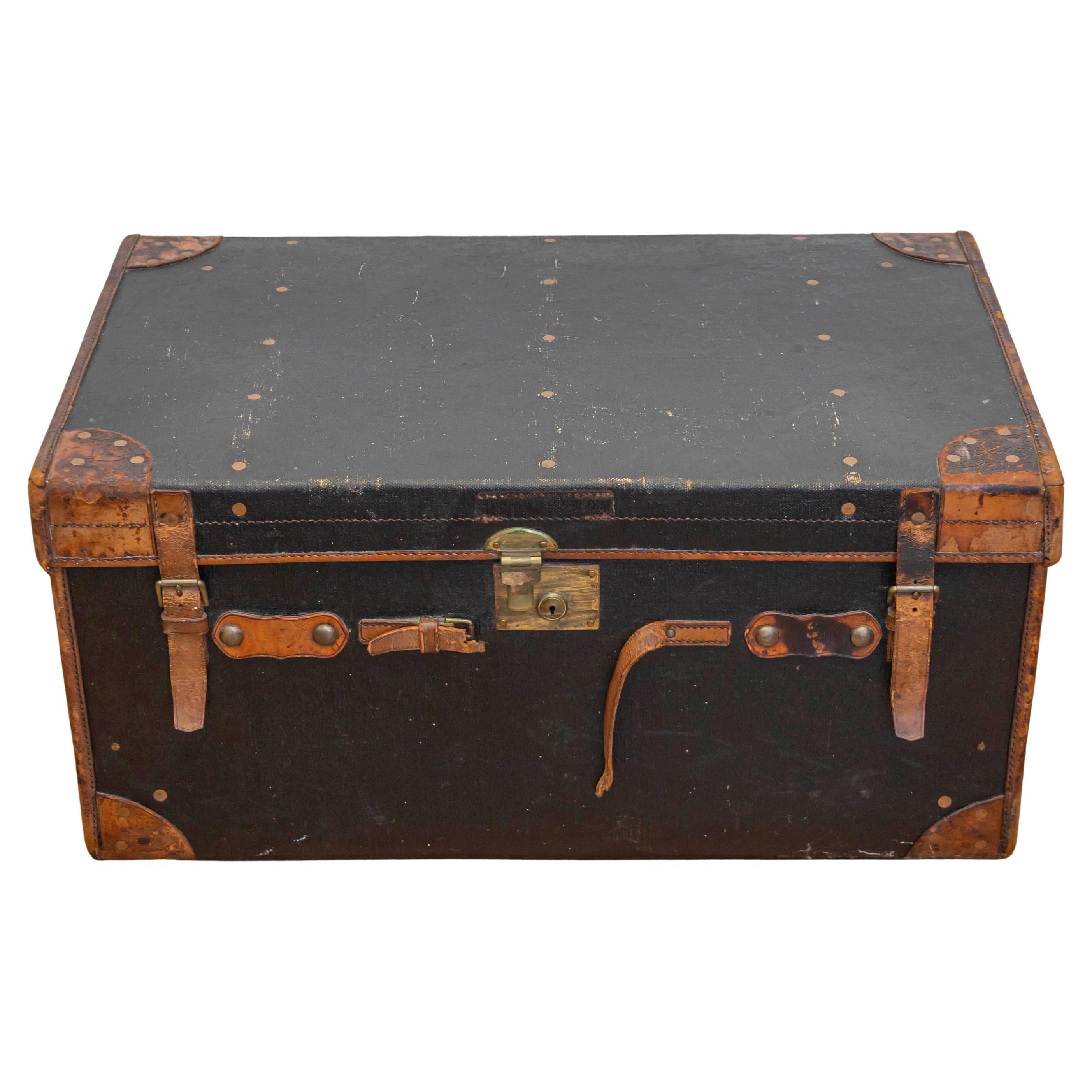 English Victorian Period 19th Century Black Traveling Trunk With Initials J.G.F.