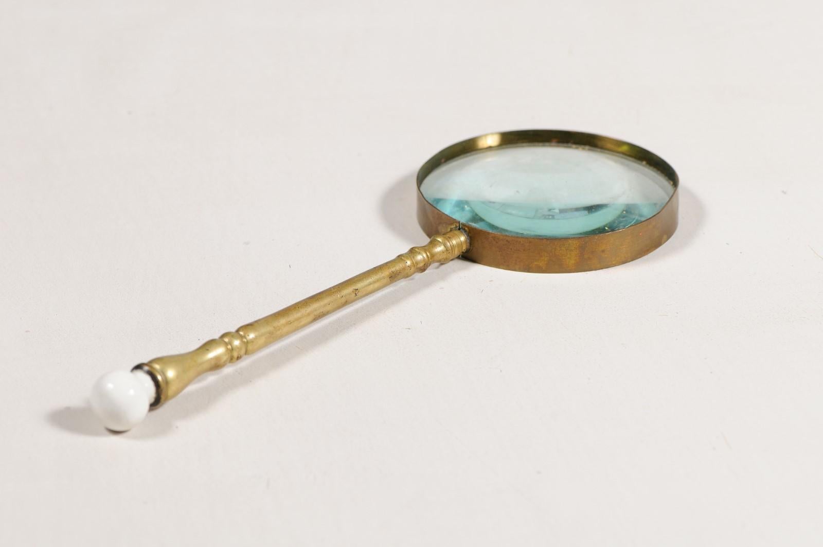 English Victorian Period 19th Century Brass Magnifying Glass with Ceramic Finial 7