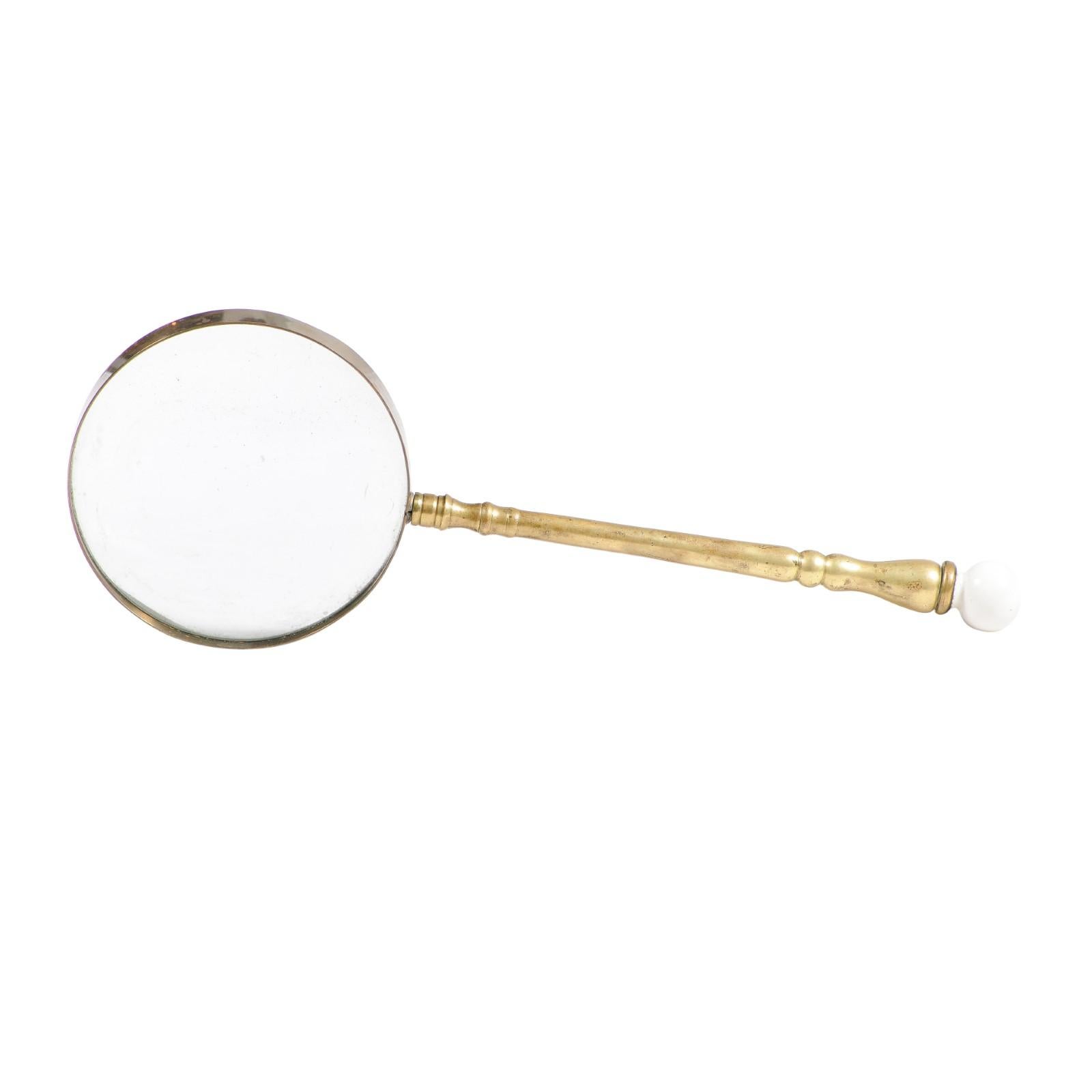 English Victorian Period 19th Century Brass Magnifying Glass with Ceramic Finial 10