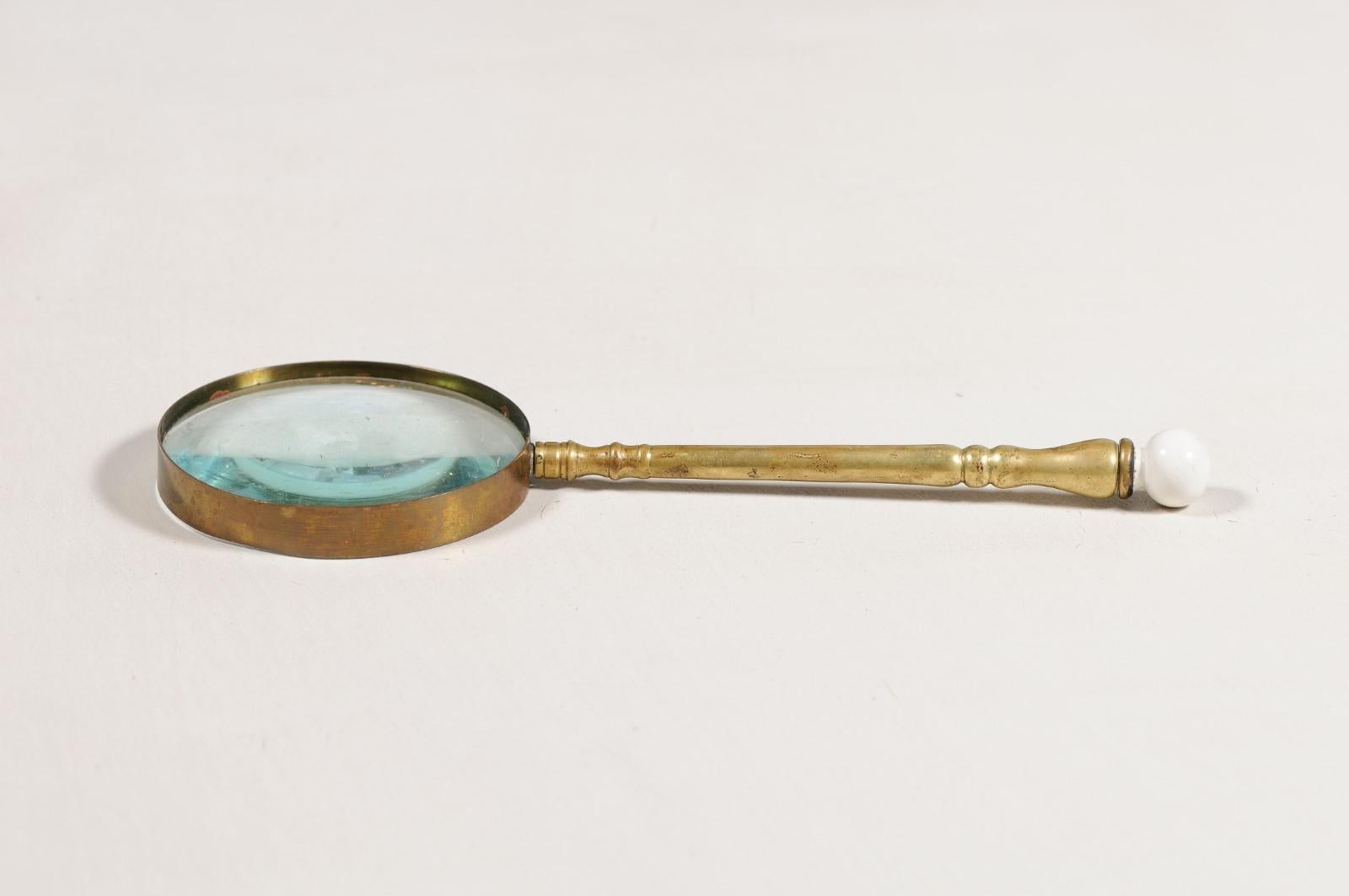 English Victorian Period 19th Century Brass Magnifying Glass with Ceramic Finial 1