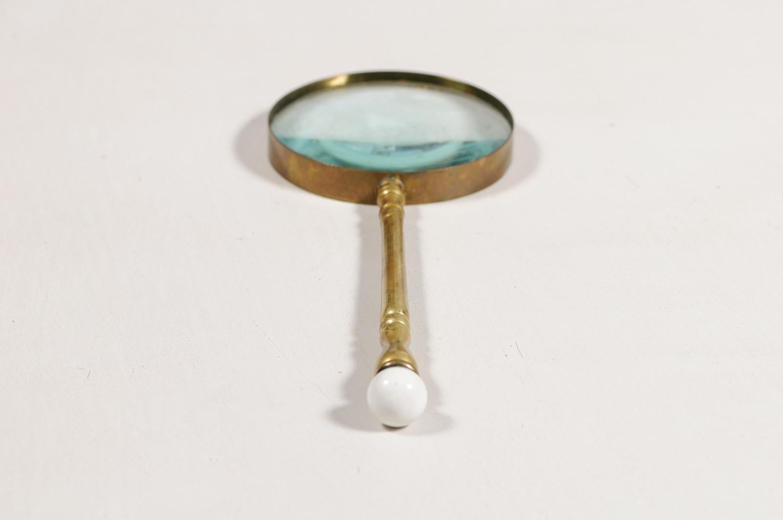English Victorian Period 19th Century Brass Magnifying Glass with Ceramic Finial 2