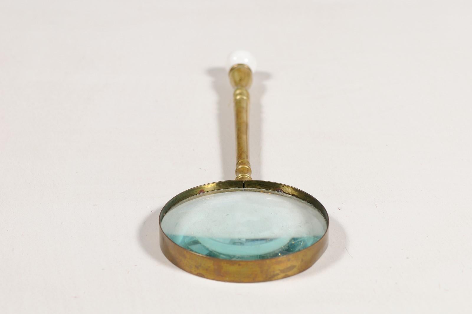 English Victorian Period 19th Century Brass Magnifying Glass with Ceramic Finial 4