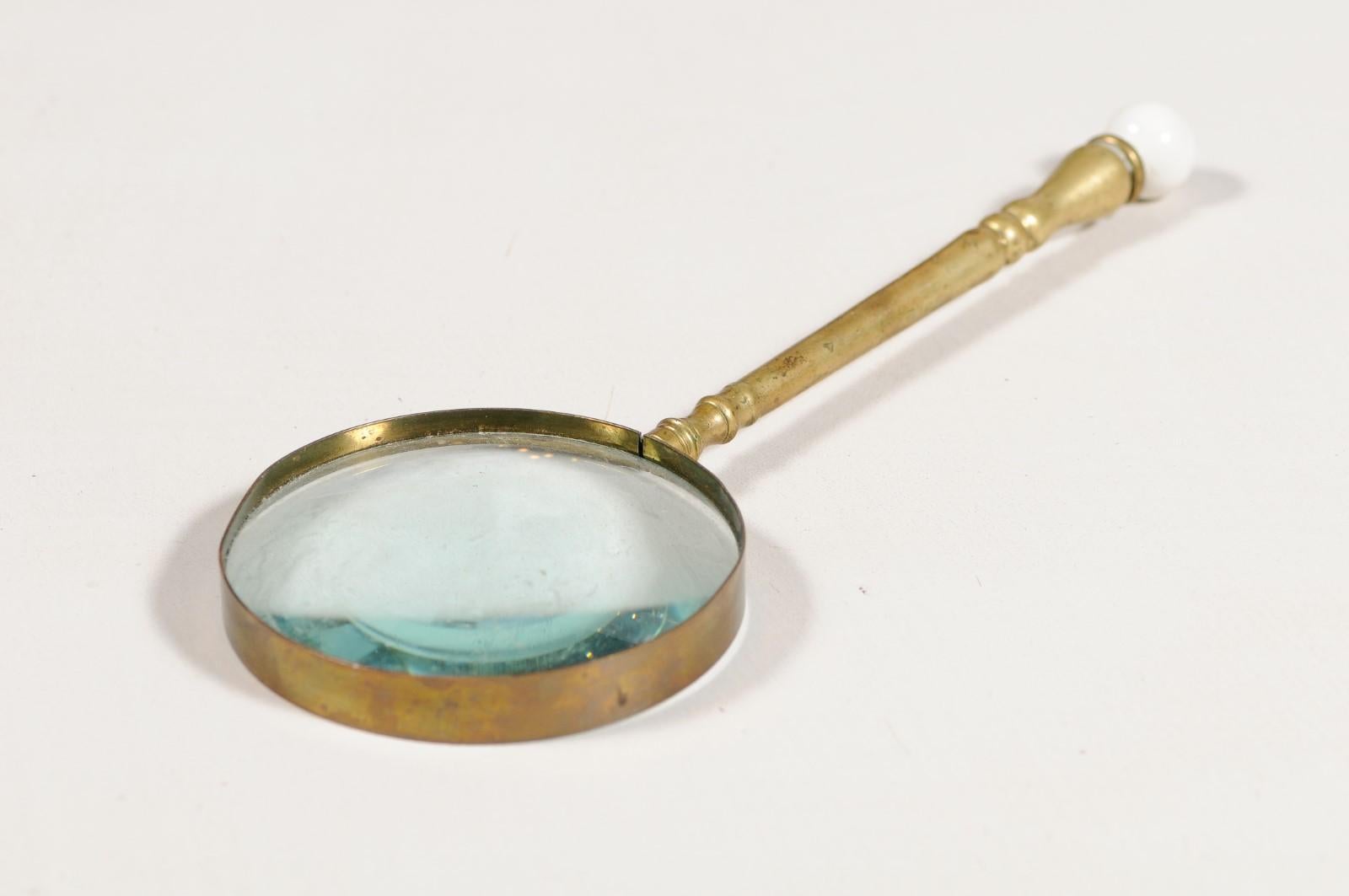 English Victorian Period 19th Century Brass Magnifying Glass with Ceramic Finial 5