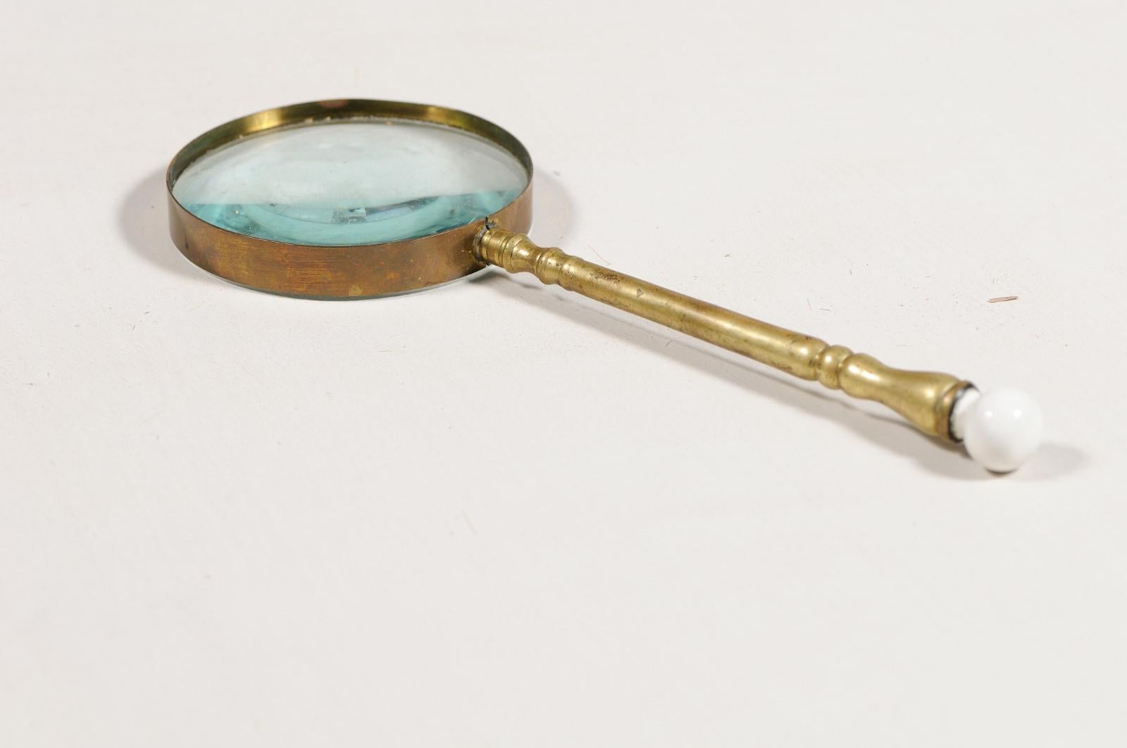 English Victorian Period 19th Century Brass Magnifying Glass with Ceramic Finial 6