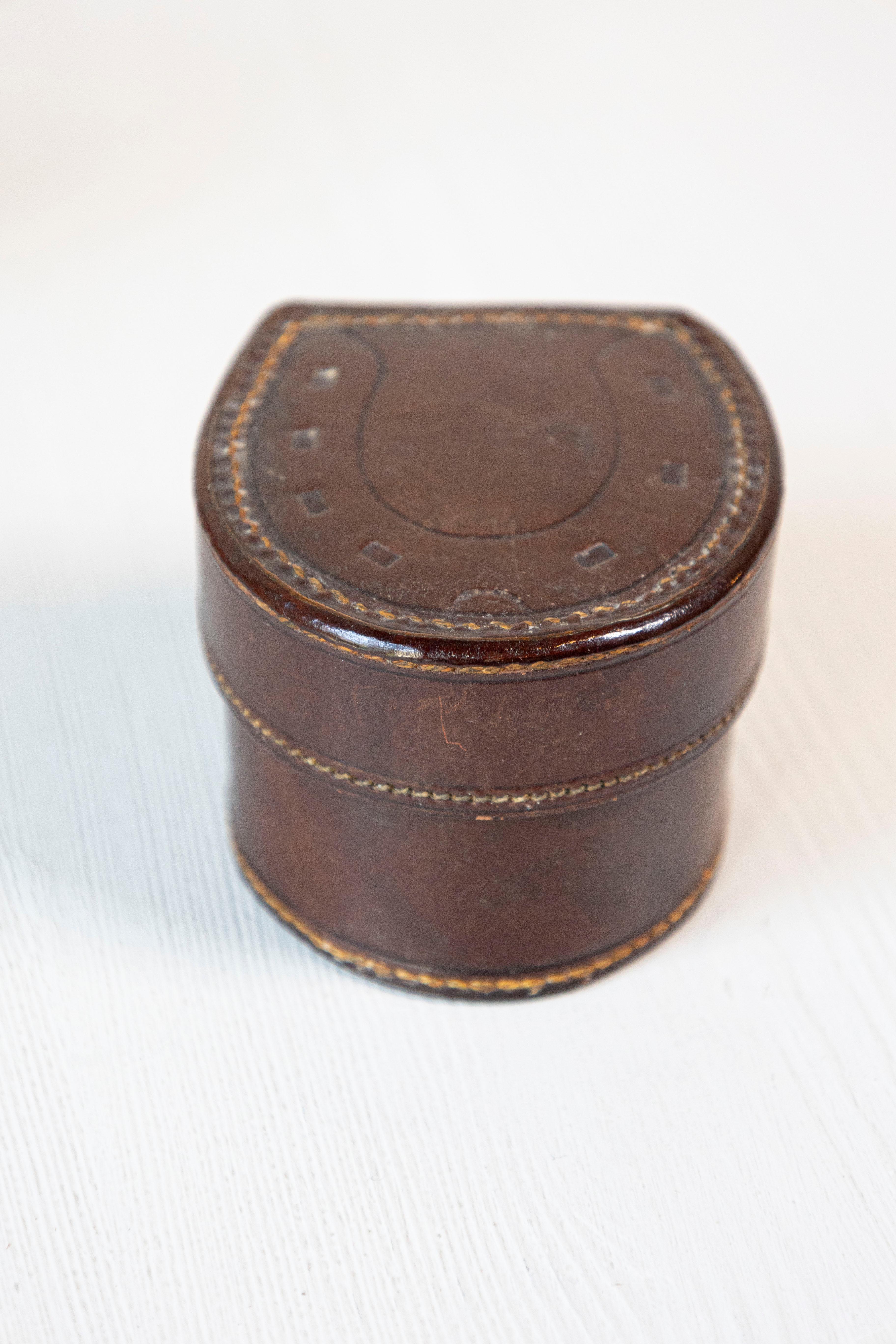 Metal English Victorian Period 19th Century Brown Leather Case with Button Box For Sale
