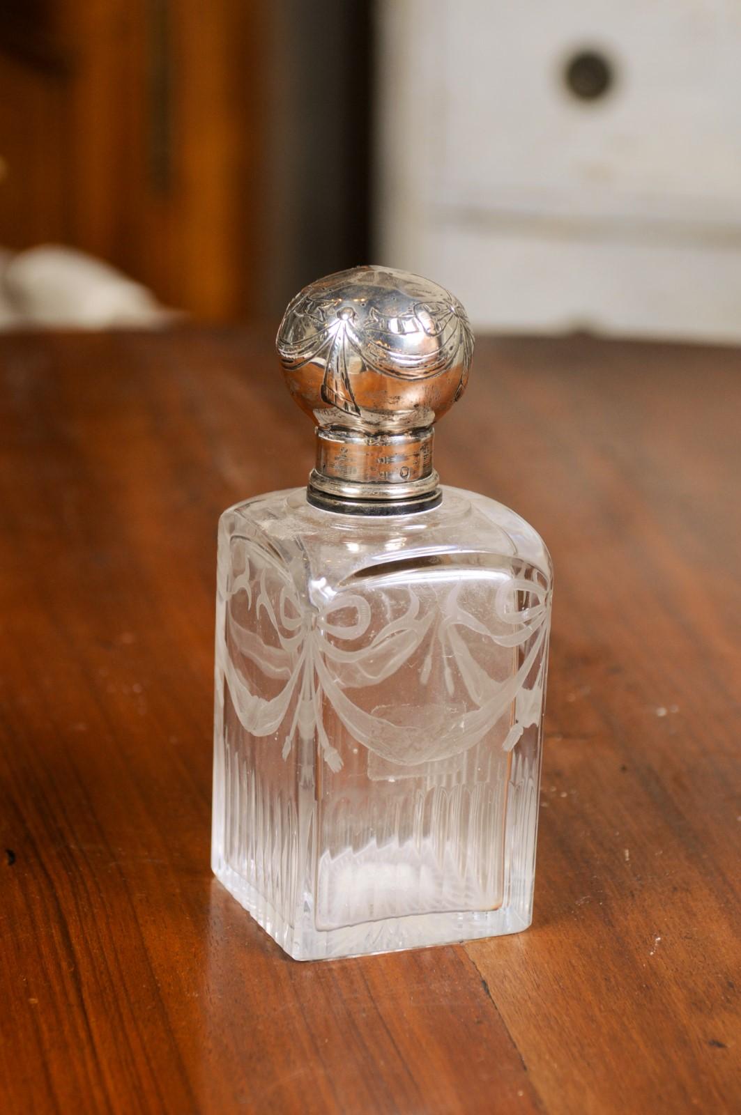 English Victorian Period 19th Century Etched Glass Vanity Bottle with Silver Lid 4