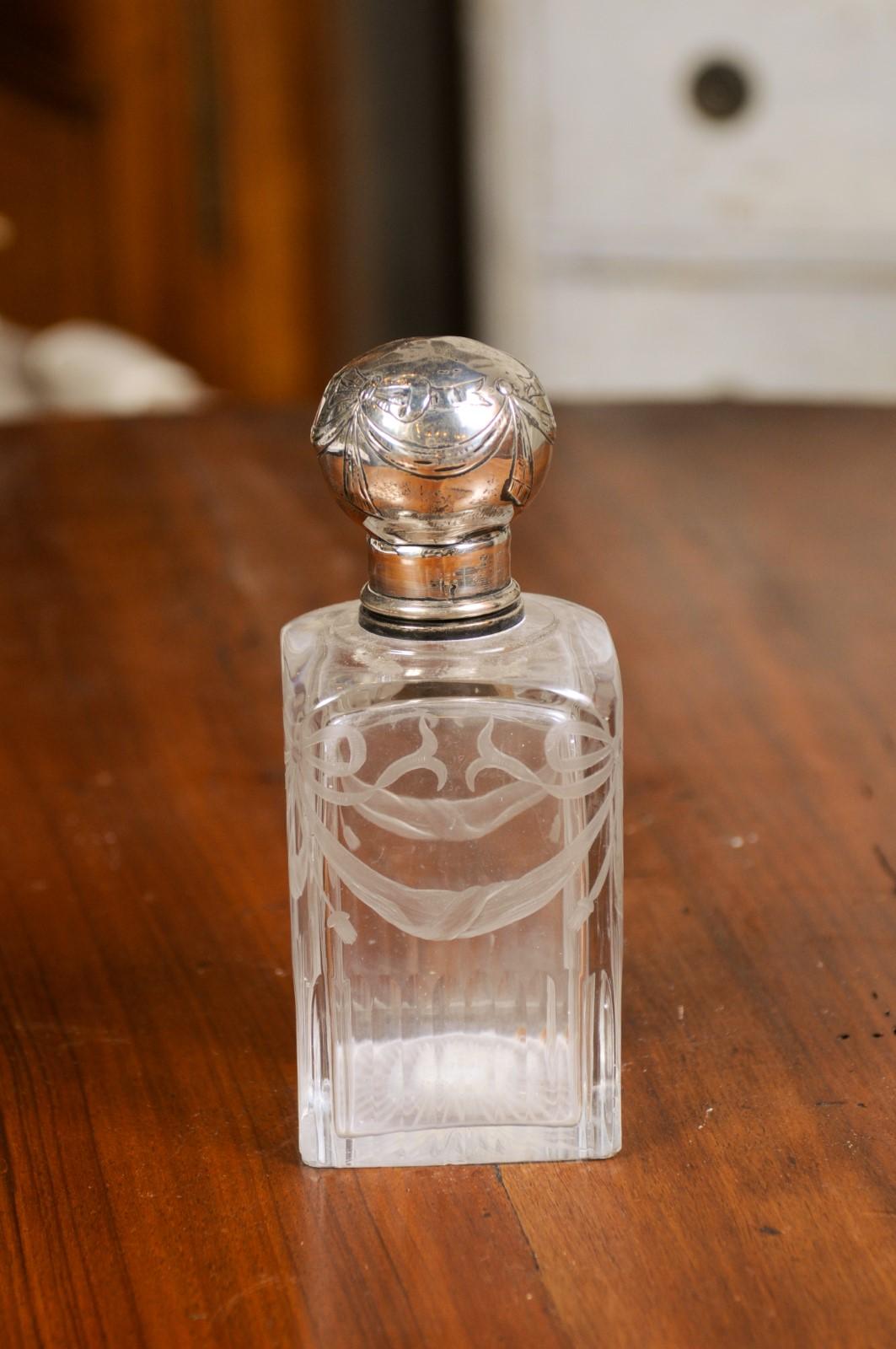 English Victorian Period 19th Century Etched Glass Vanity Bottle with Silver Lid 5