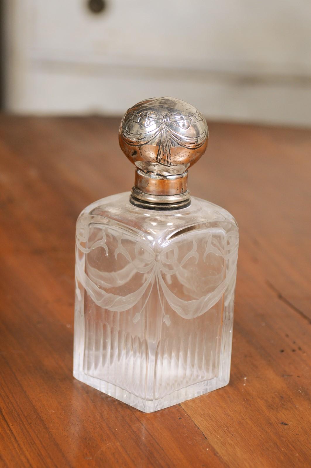 English Victorian Period 19th Century Etched Glass Vanity Bottle with Silver Lid 6