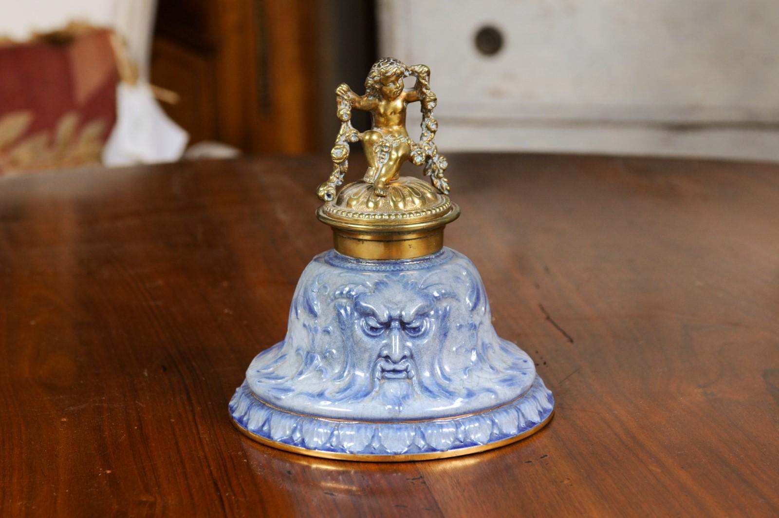 English Victorian Period 19th Century Porcelain Inkwell with Brass Putto Motif For Sale 6