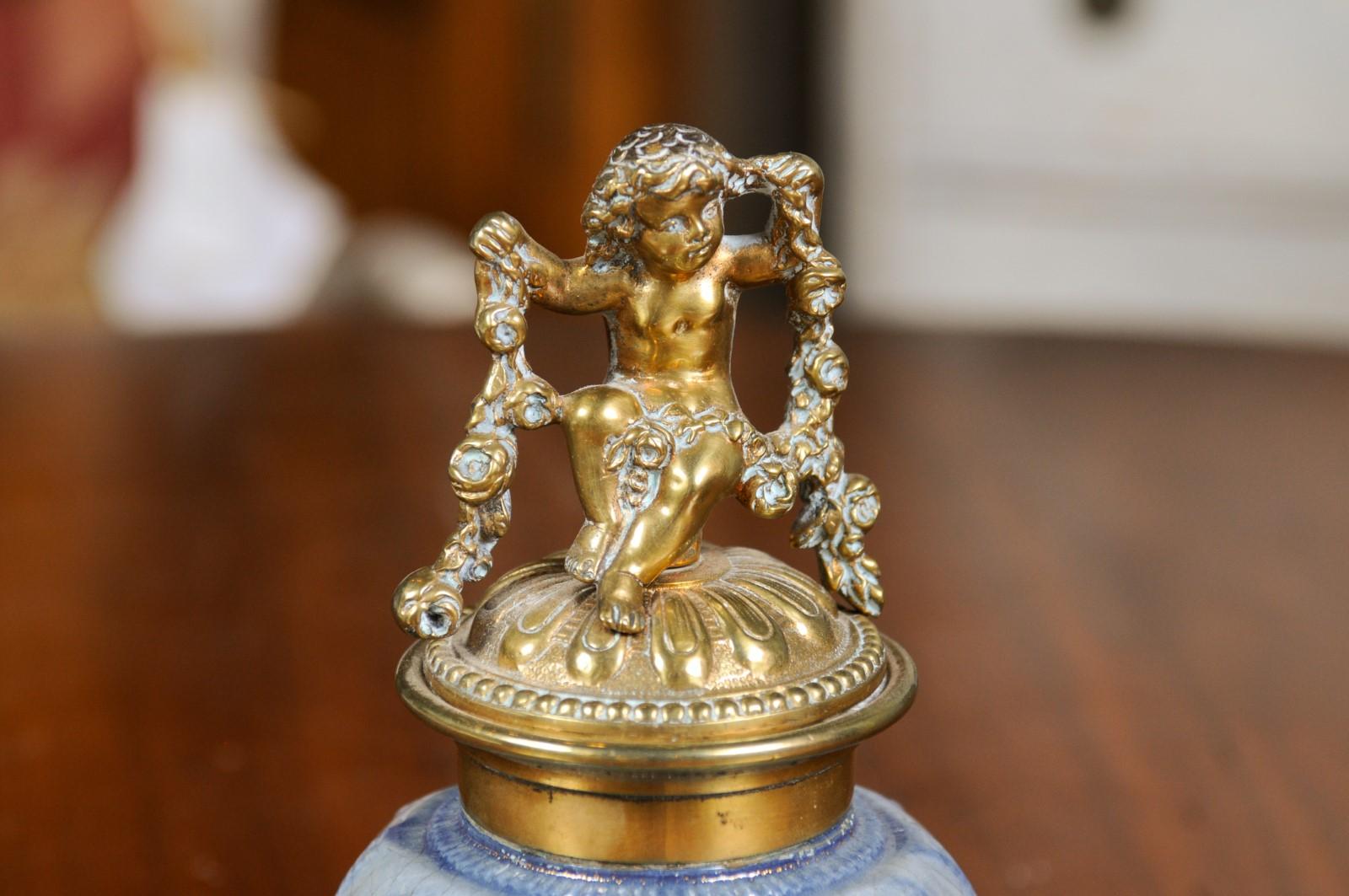 English Victorian Period 19th Century Porcelain Inkwell with Brass Putto Motif For Sale 7