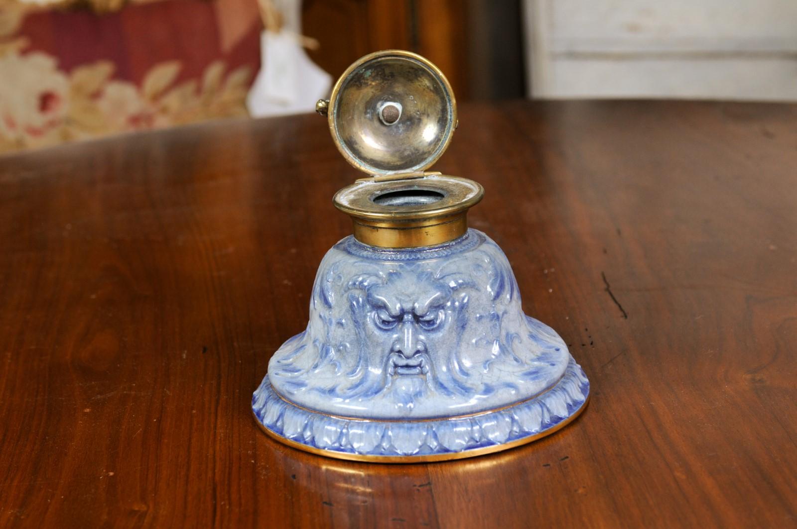 English Victorian Period 19th Century Porcelain Inkwell with Brass Putto Motif For Sale 9