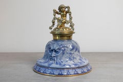 English Victorian Period 19th Century Porcelain Inkwell with Brass Putto Motif