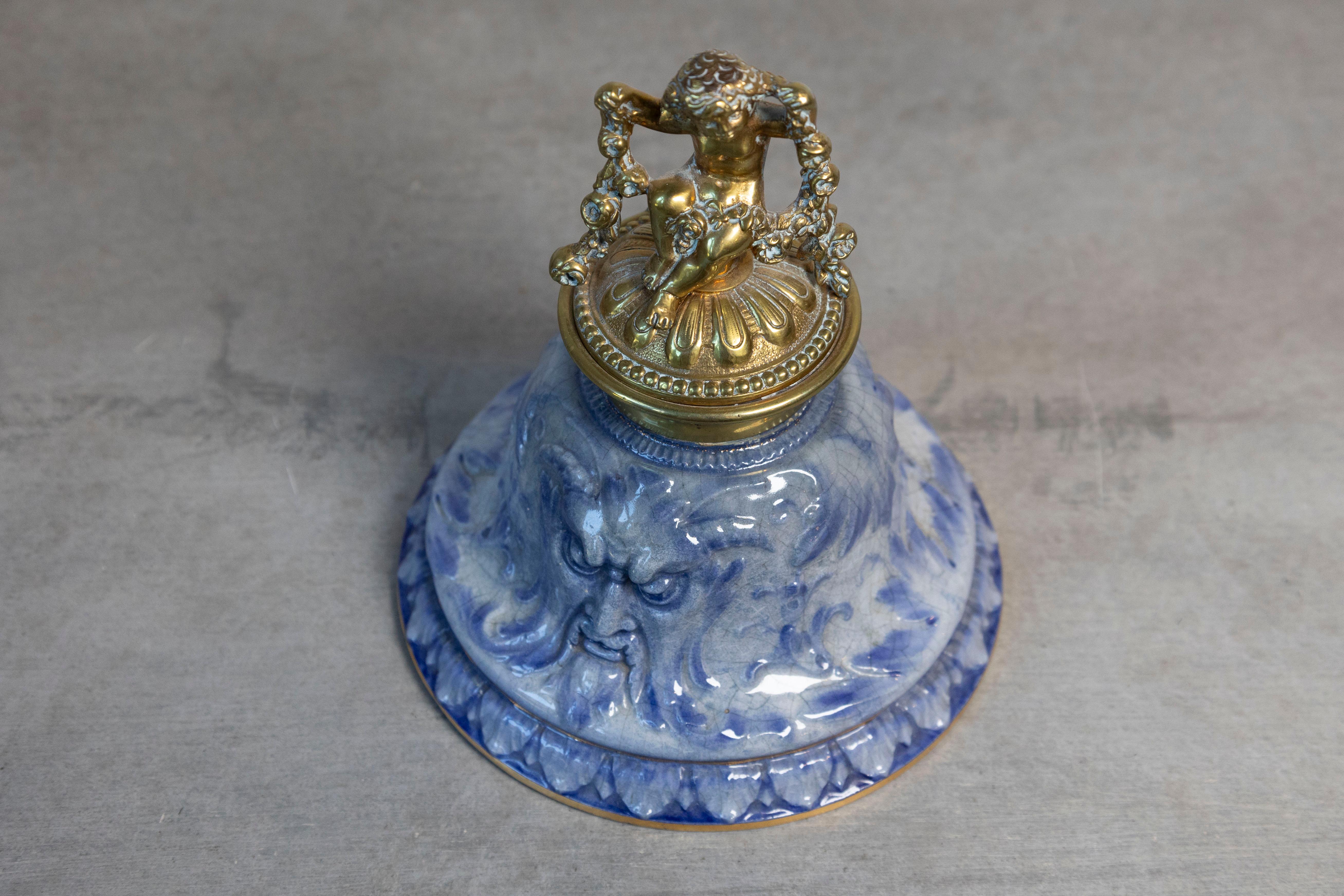 English Victorian Period 19th Century Porcelain Inkwell with Brass Putto Motif In Good Condition For Sale In Atlanta, GA