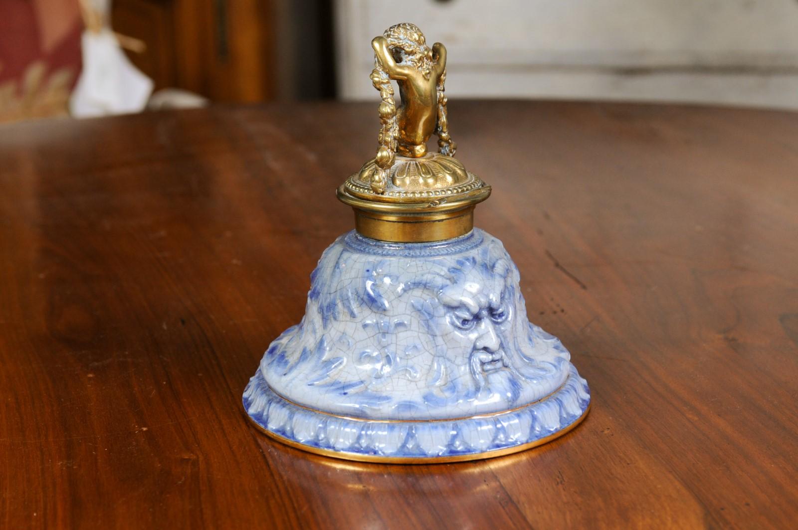 English Victorian Period 19th Century Porcelain Inkwell with Brass Putto Motif In Good Condition For Sale In Atlanta, GA