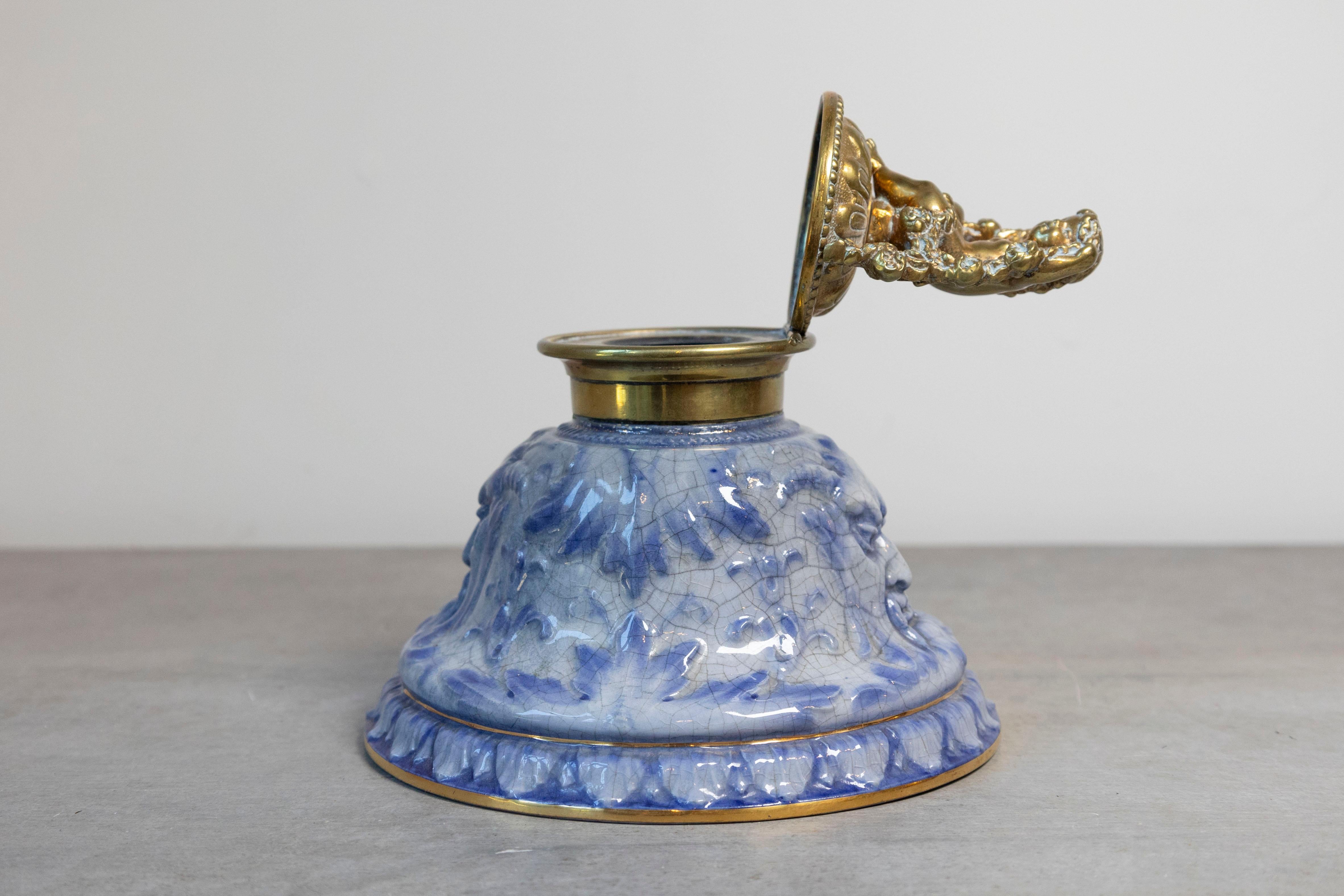 English Victorian Period 19th Century Porcelain Inkwell with Brass Putto Motif For Sale 2