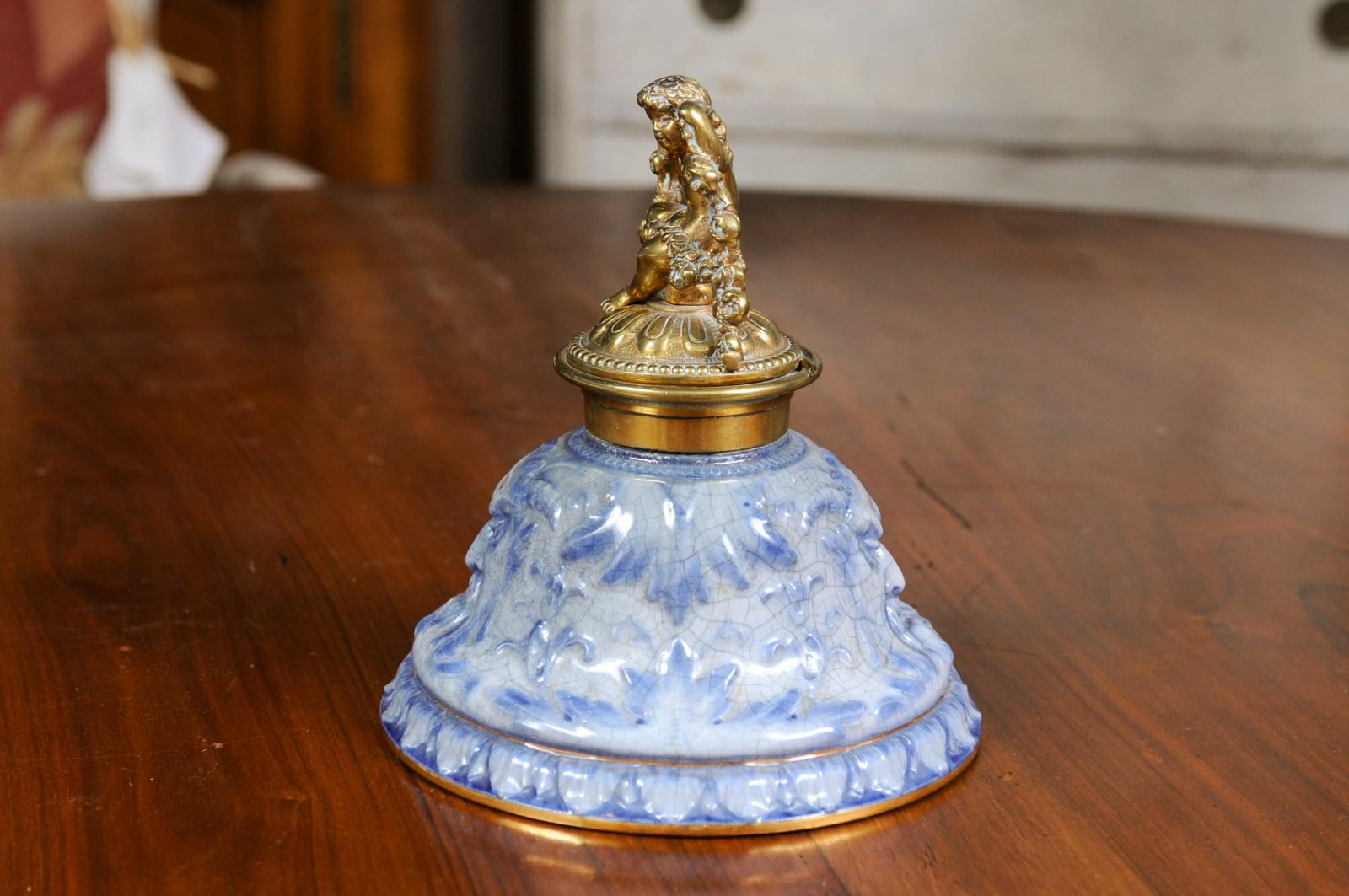English Victorian Period 19th Century Porcelain Inkwell with Brass Putto Motif For Sale 1
