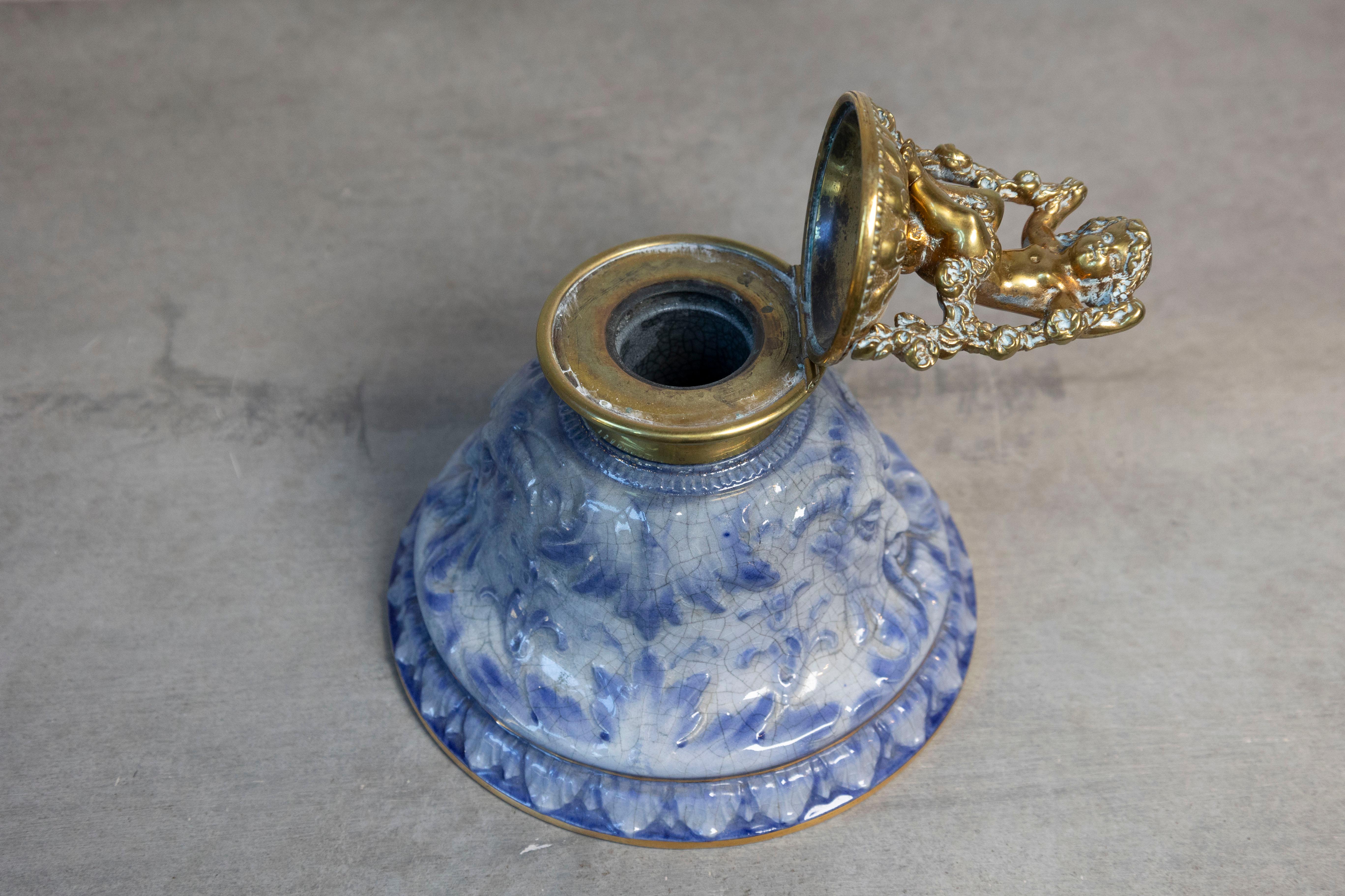 English Victorian Period 19th Century Porcelain Inkwell with Brass Putto Motif For Sale 3