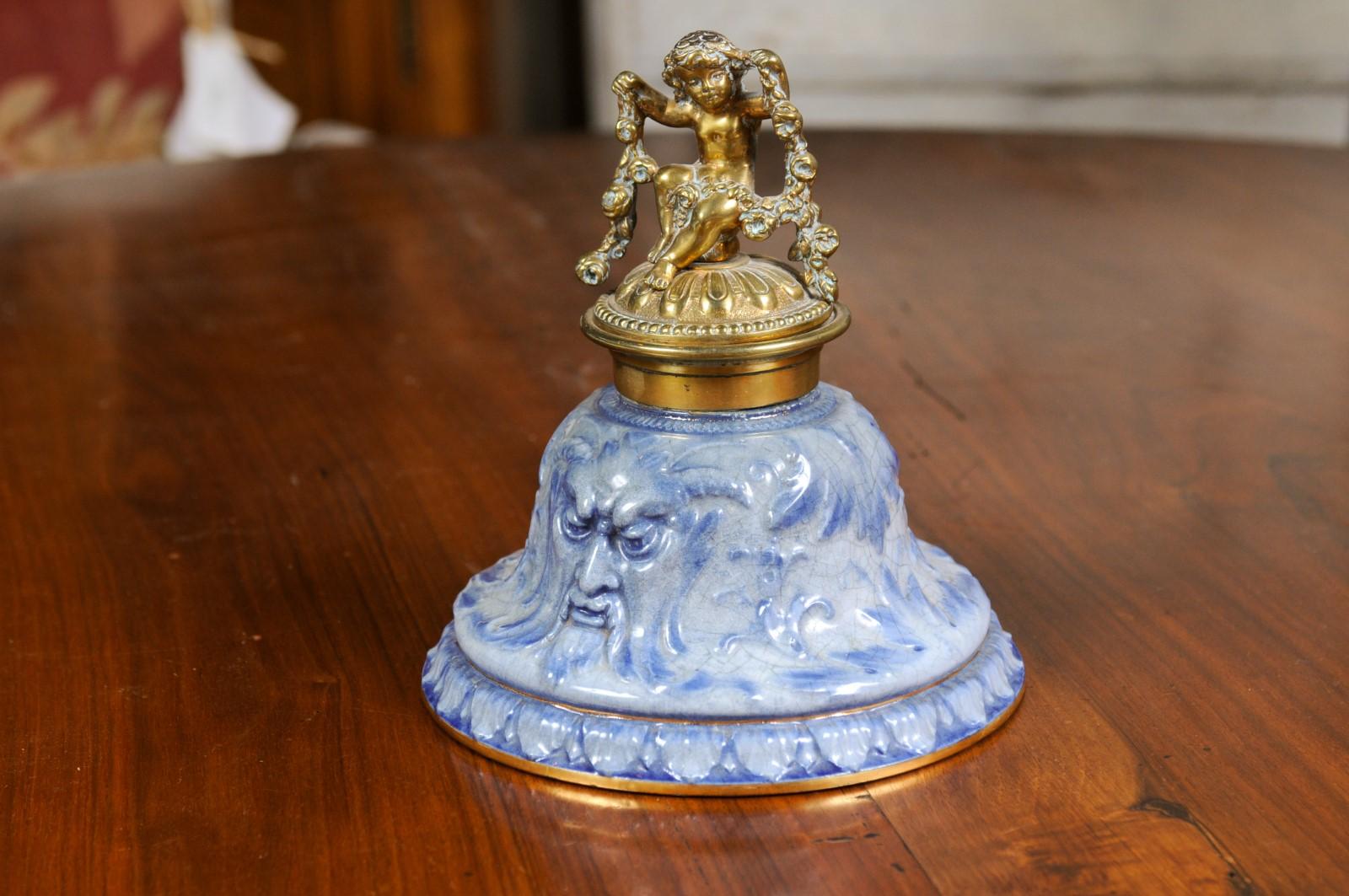 English Victorian Period 19th Century Porcelain Inkwell with Brass Putto Motif For Sale 2