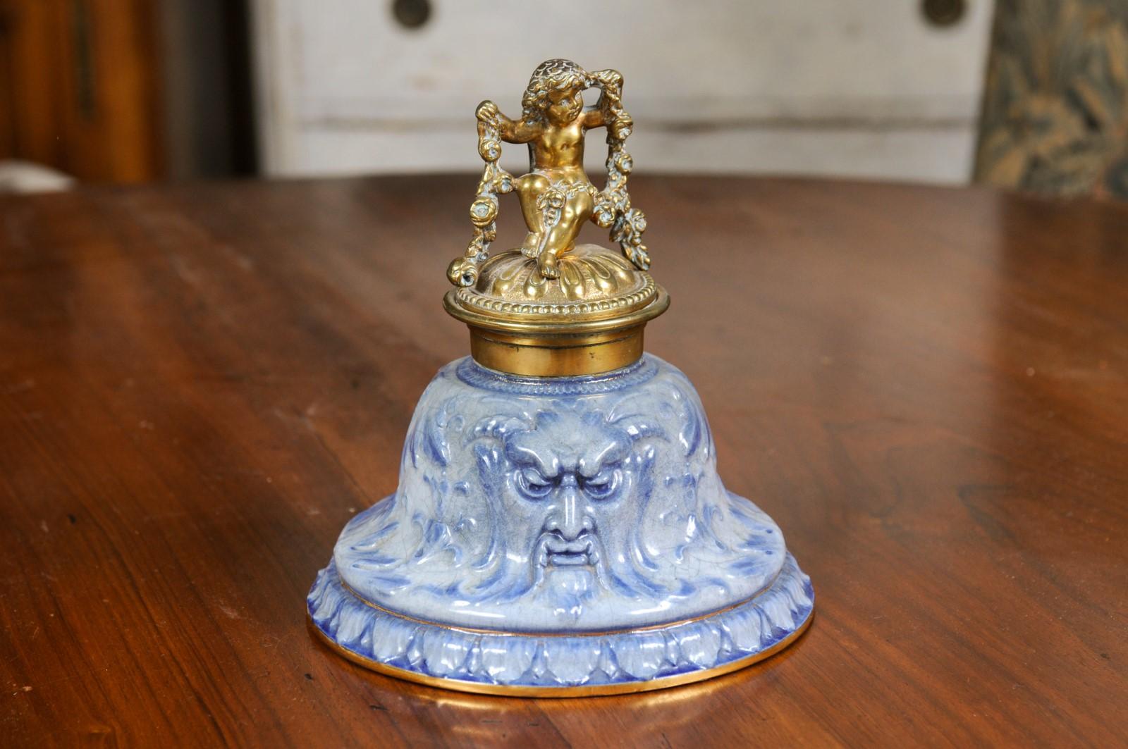 English Victorian Period 19th Century Porcelain Inkwell with Brass Putto Motif For Sale 4