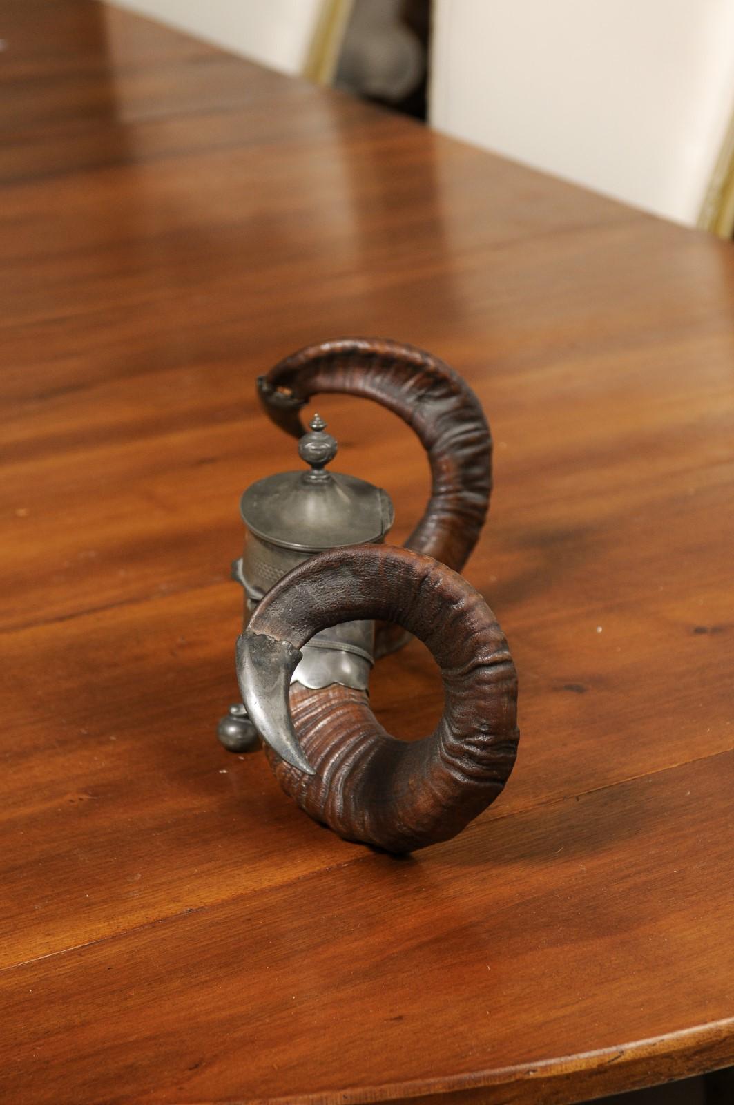 English Victorian Period 19th Century Ram's Horns Inkwell with Metal Canister 8