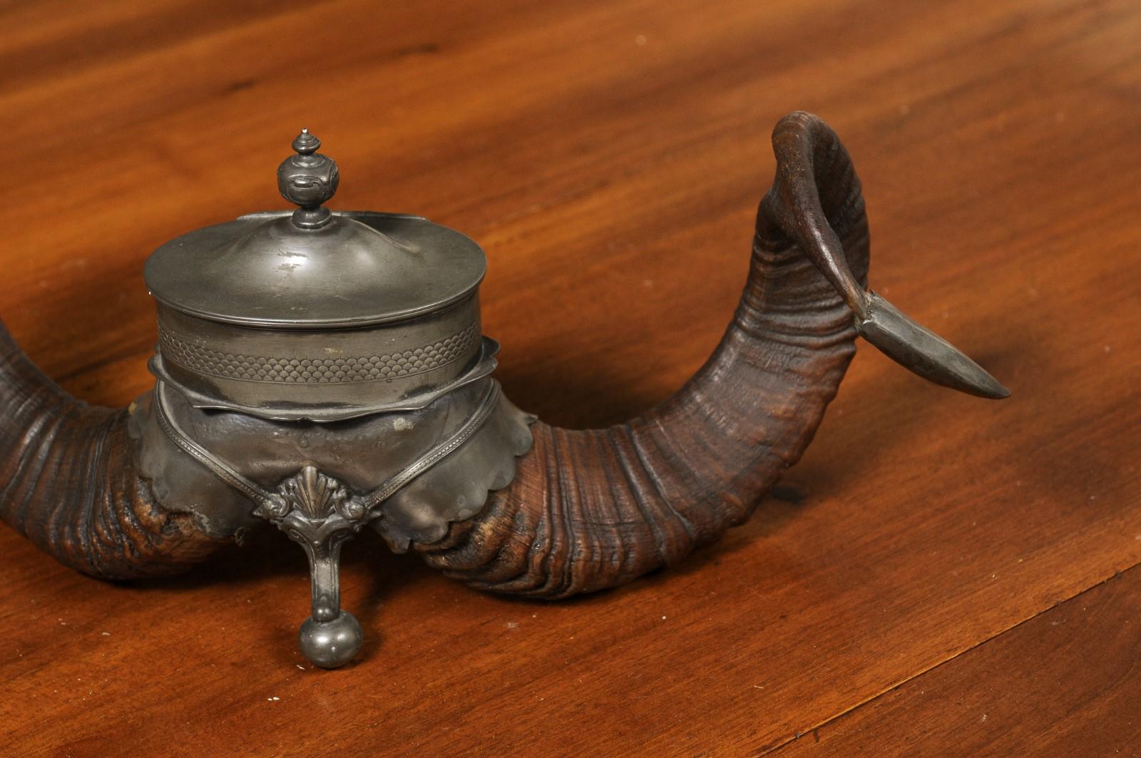 English Victorian Period 19th Century Ram's Horns Inkwell with Metal Canister 1