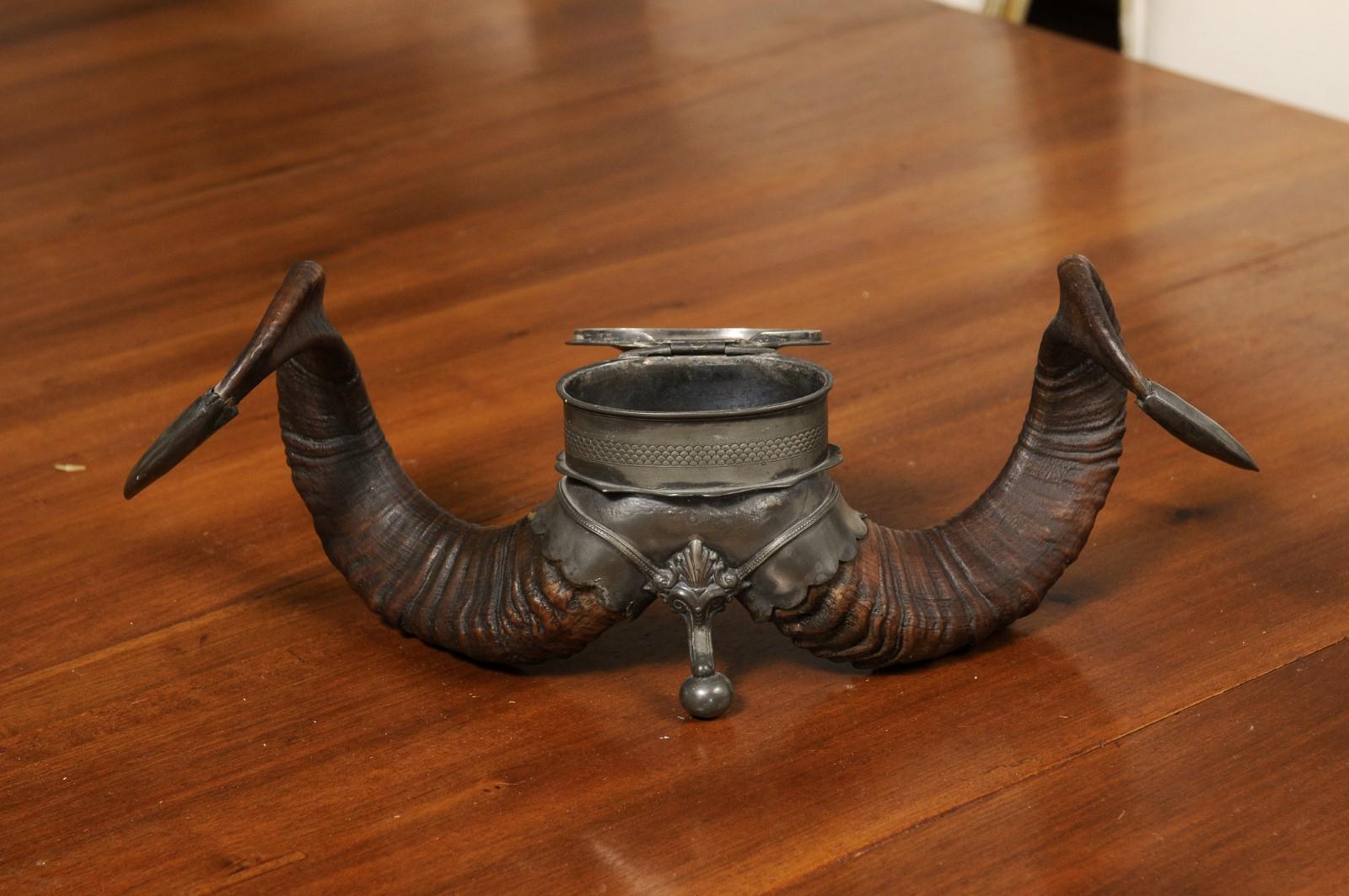 English Victorian Period 19th Century Ram's Horns Inkwell with Metal Canister 3