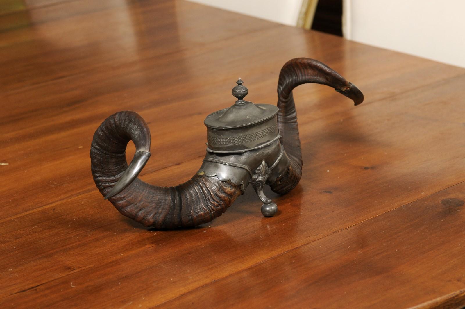 English Victorian Period 19th Century Ram's Horns Inkwell with Metal Canister 4