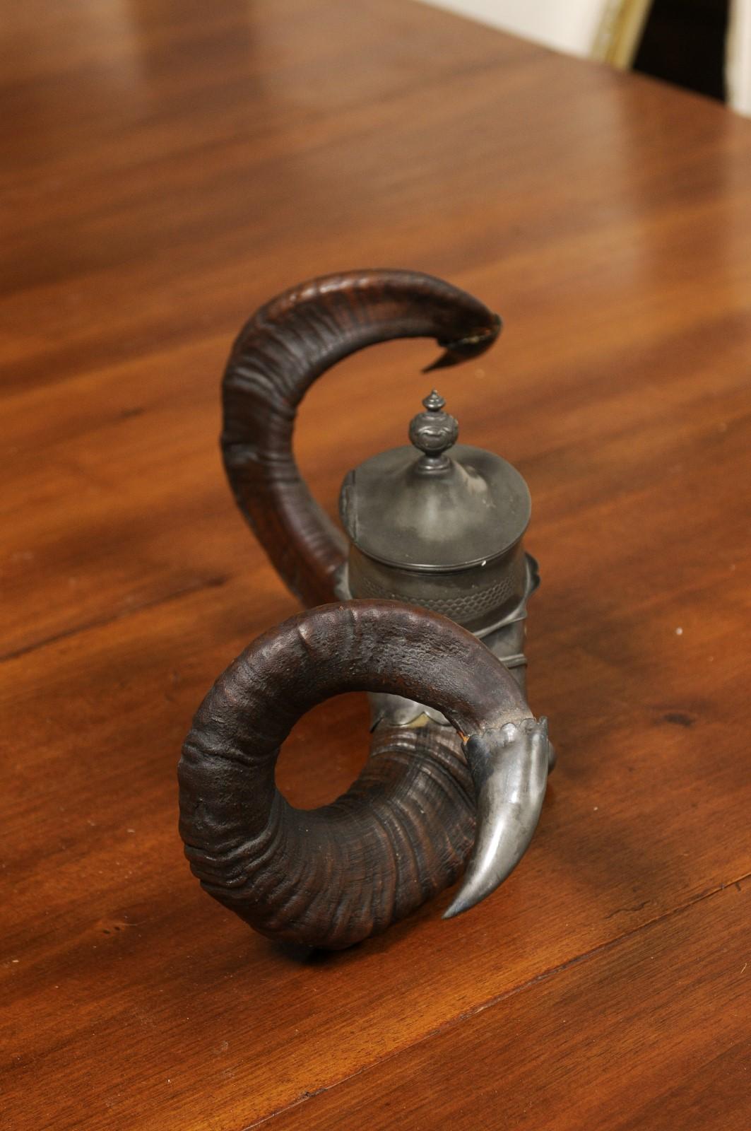 English Victorian Period 19th Century Ram's Horns Inkwell with Metal Canister 5