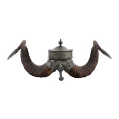 English Victorian Period 19th Century Ram's Horns Inkwell with Metal Canister