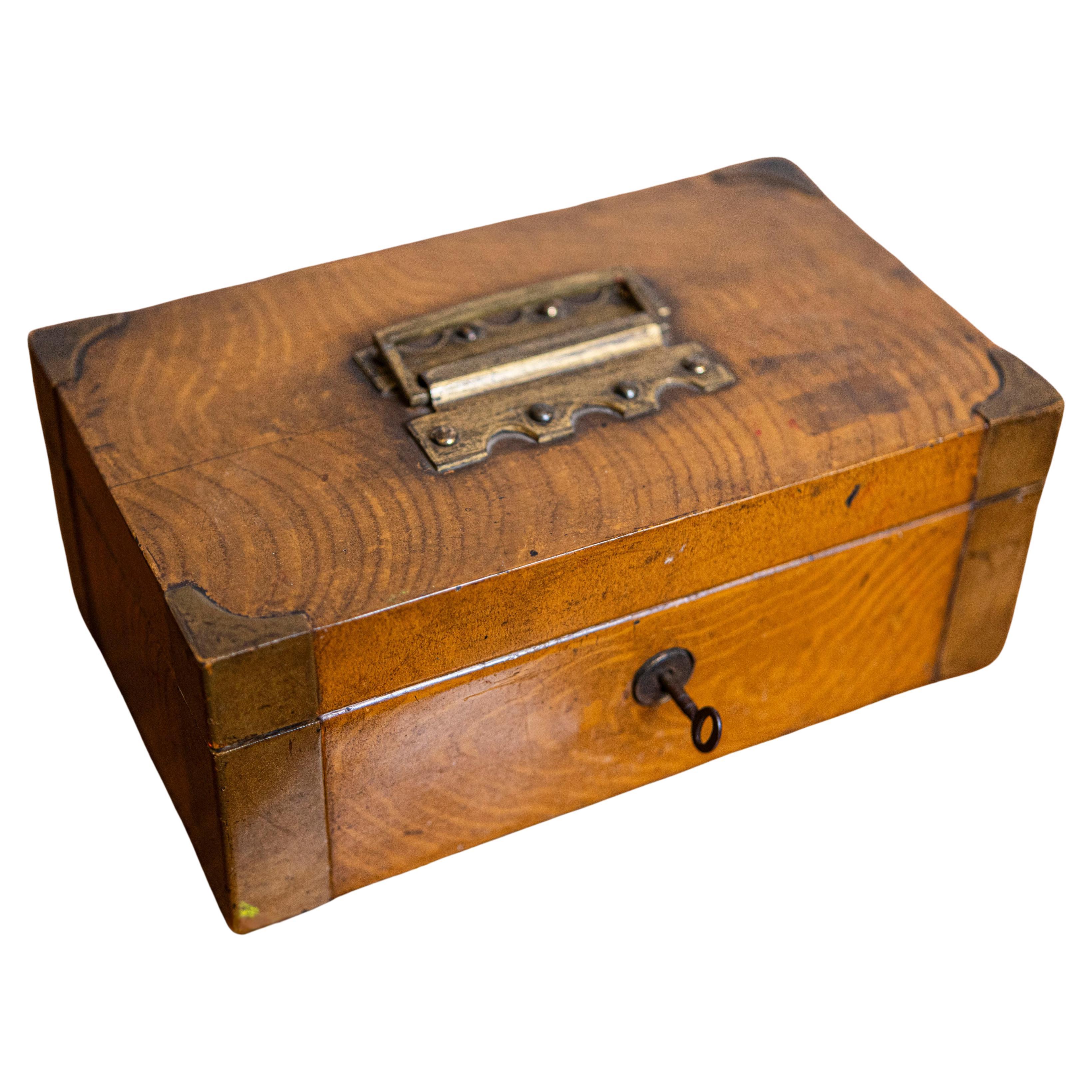 English Victorian Period Bank Storage Box with Brass Accents and Metal Interior