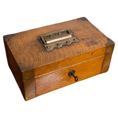 Caja de almacenaje bancaria inglesa de época victoriana con detalles de latón e interior metálico