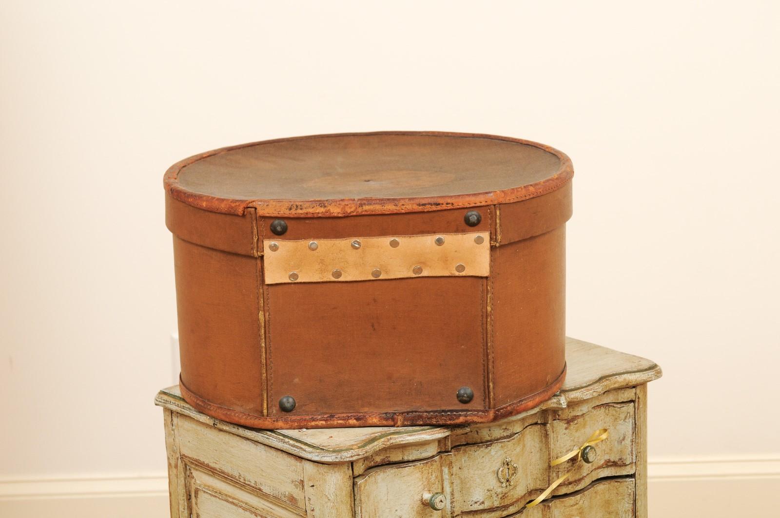 English Victorian Period First Class Travel Leather Hat Box, circa 1850 7