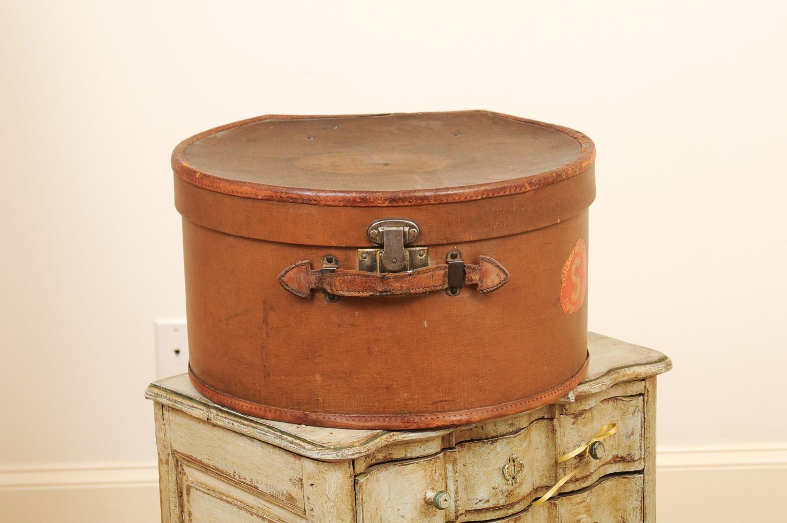 English Victorian Period First Class Travel Leather Hat Box, circa 1850 8