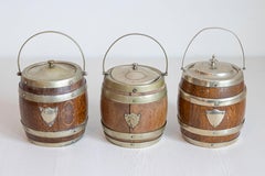 English Victorian Period Late 19th Century Oak Lidded Biscuit Barrel with Shield