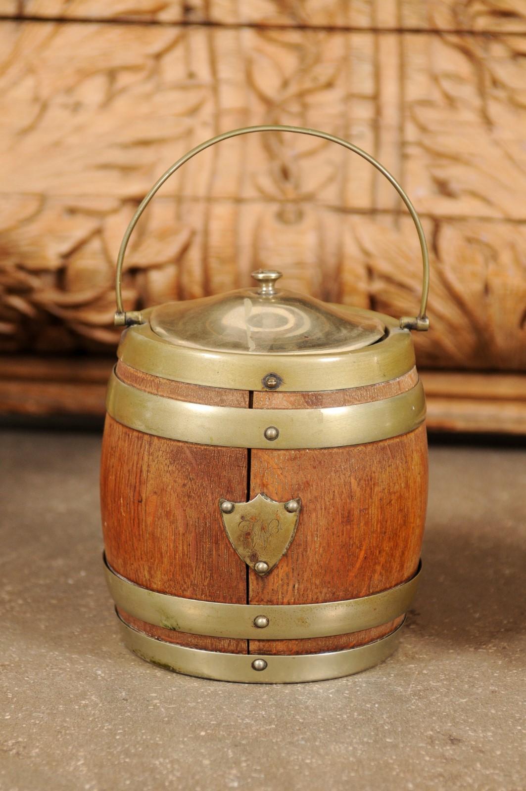 Brass English Victorian Period Late 19th Century Oak Lidded Biscuit Barrel with Shield For Sale