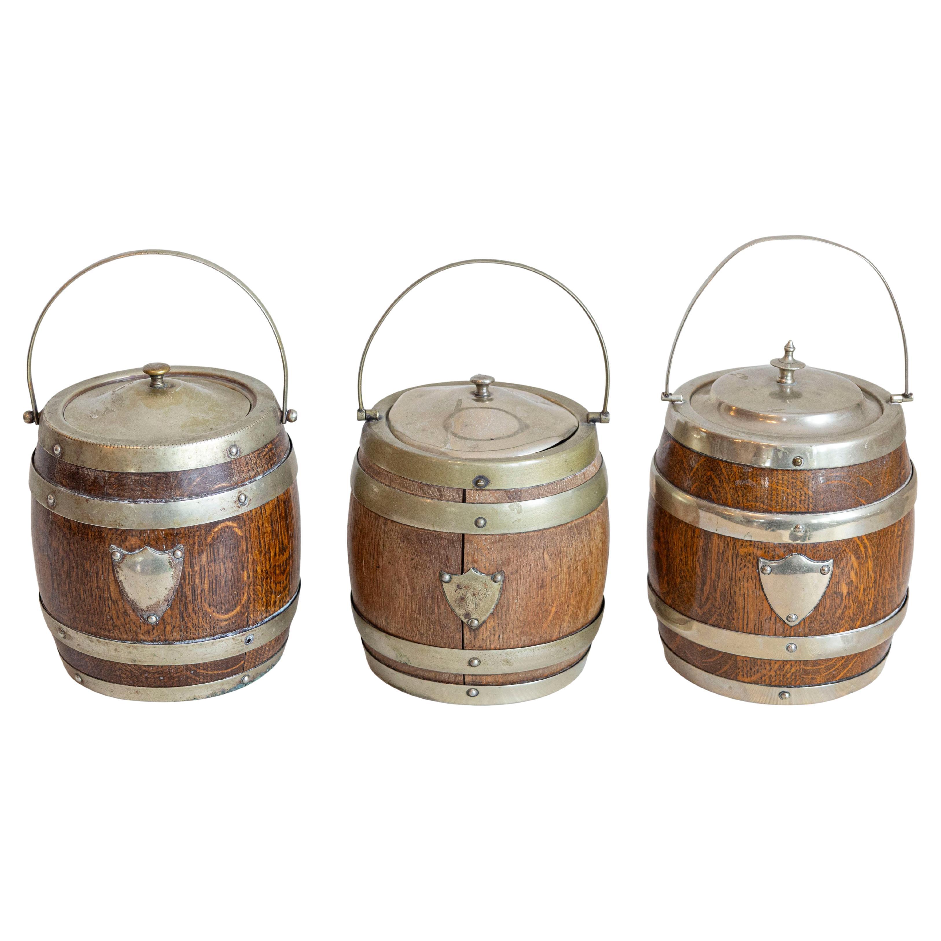 English Victorian Period Late 19th Century Oak Lidded Biscuit Barrel with Shield