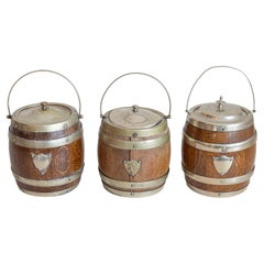 English Victorian Period Late 19th Century Oak Lidded Biscuit Barrel with Shield