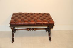 English Victorian Period Leather Upholstered Walnut Stool, circa 1860