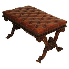 Antique English Victorian Period Leather Upholstered Walnut Stool, circa 1860