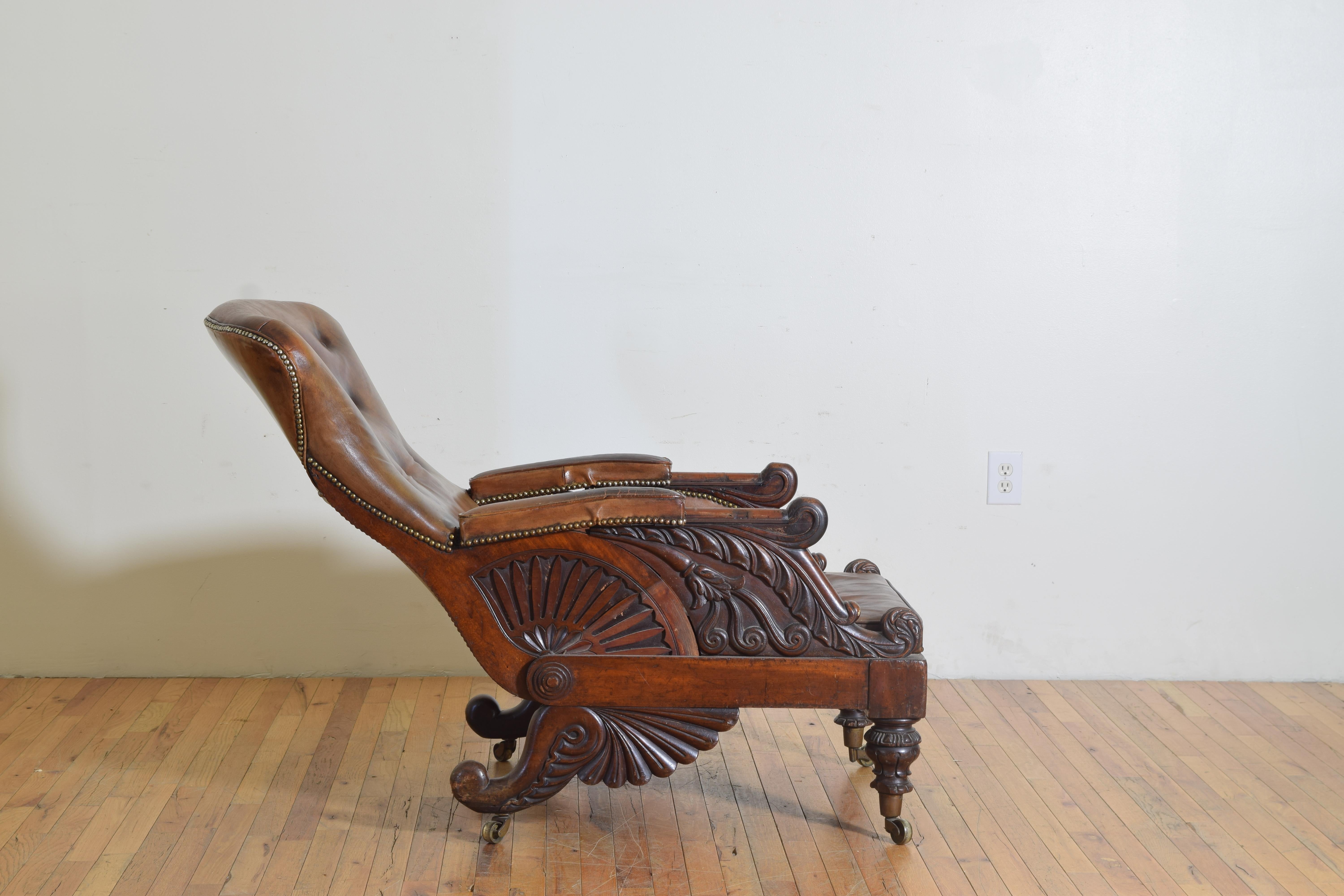 Leather English Victorian Period Mahogany Metamorphic Library Armchair w/ Footrest, 1865 For Sale