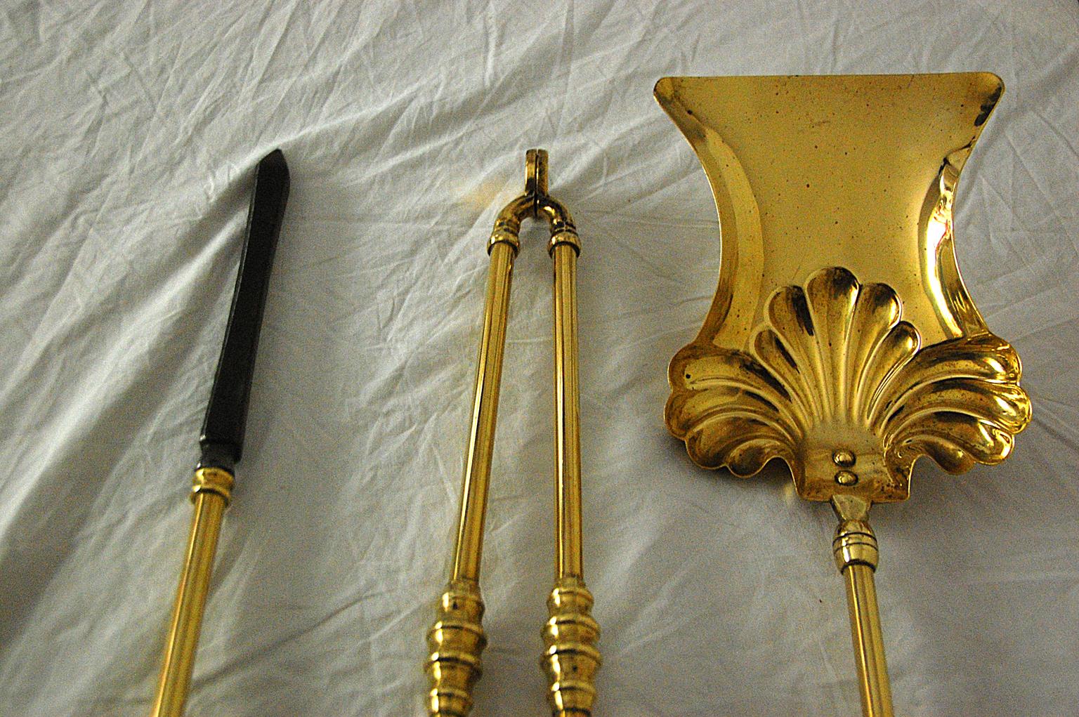 19th Century English Victorian Period Set of Three Brass Firetools Registry Dated 1895