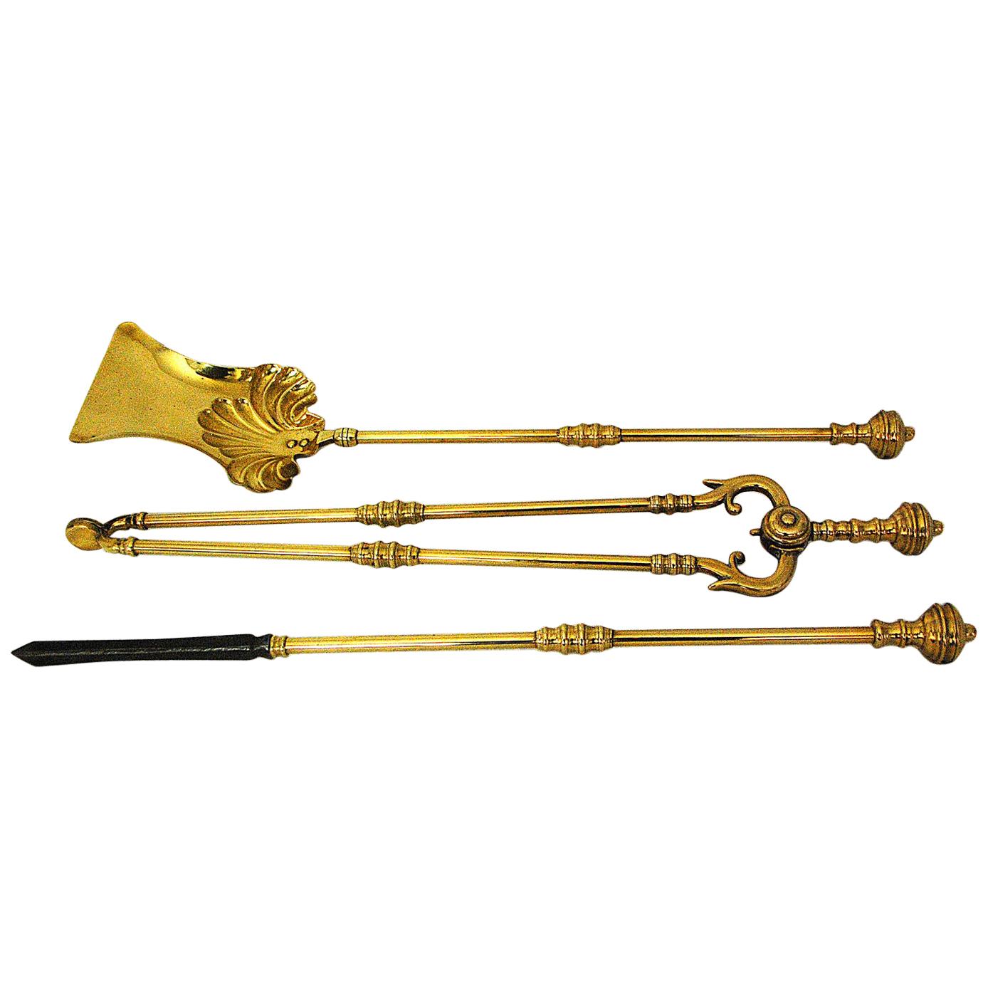 English Victorian Period Set of Three Brass Firetools Registry Dated 1895