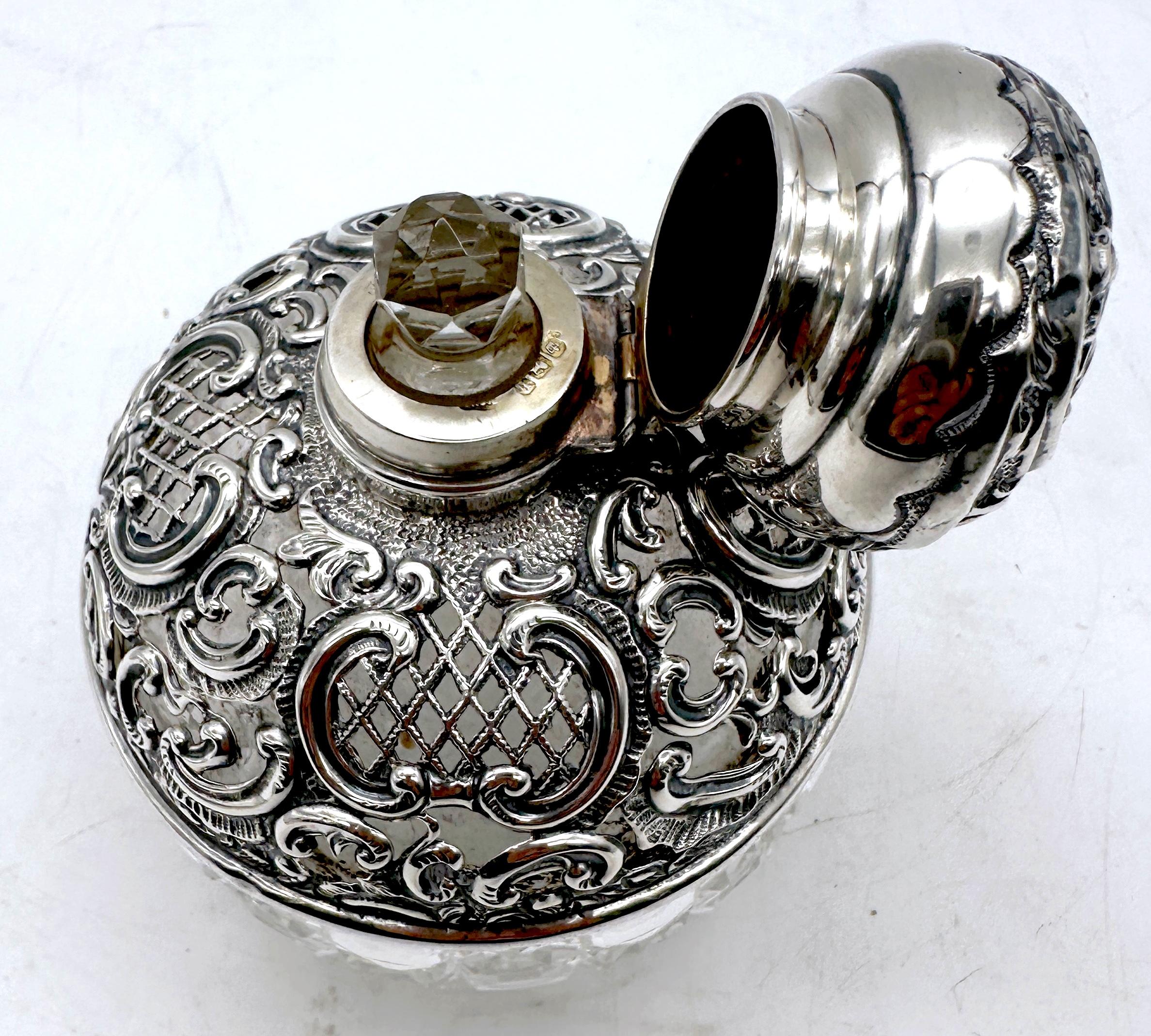 Engraved English Victorian Pierced Sterling & Cut Glass Perfume Bottle, Sheffield , 1901